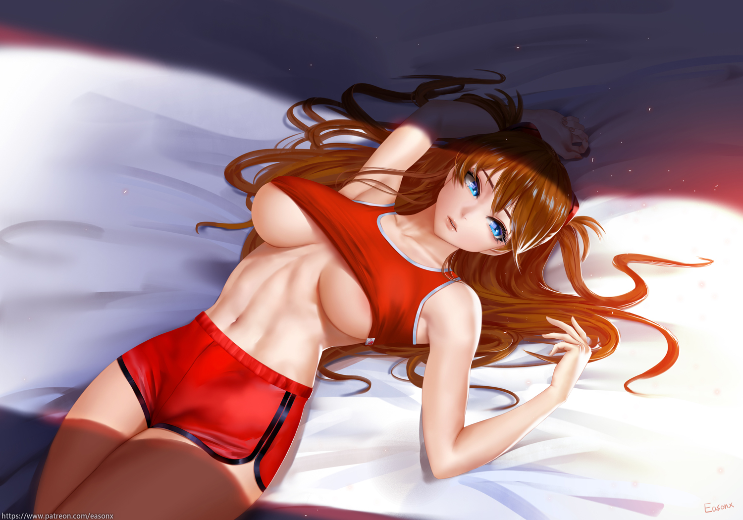 1girls, asuka langley sohryu, big breasts, breasts, cleavage, clothing, easonx, female, female only, large breasts, looking at viewer, neon genesis evangelion, shorts, solo