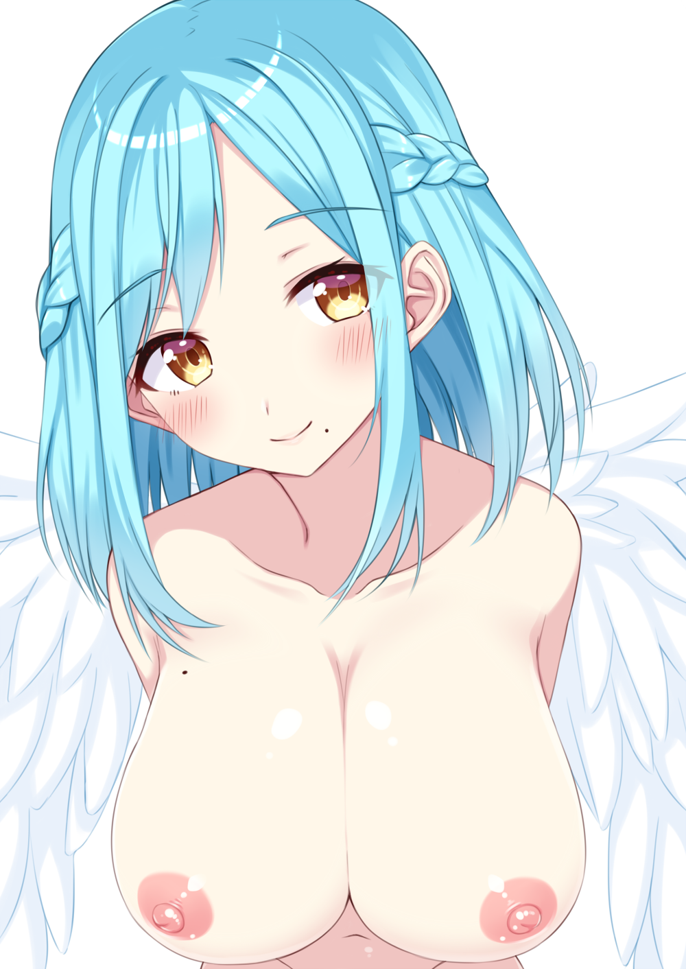 angel_wings areolae arms_behind_back bangs bare_shoulders blue_hair blush braid breasts closed_mouth collarbone female fuji_yoshida highres large_areolae large_breasts looking_at_viewer moira_(nijisanji) mole mole_on_breast mole_under_mouth nijisanji nipples nude short_hair simple_background solo stomach virtual_youtuber wings yellow_eyes