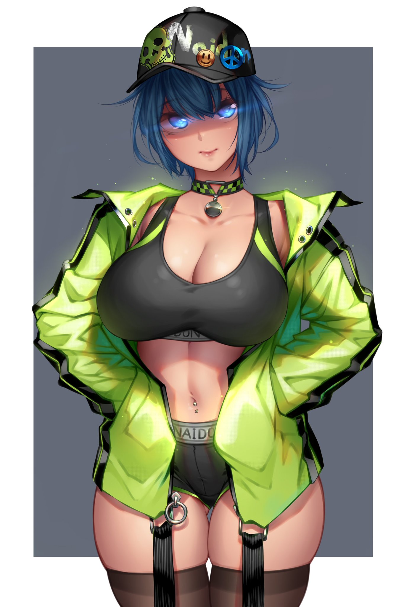 baseball cap, big breasts, blue hair, breasts, collar, female, glowing eyes, hat, jacket, legwear, milky (yin-ting tian), piercing, short hair, sports bikini, sports bra, sportswear, thighhighs, yin-ting tian