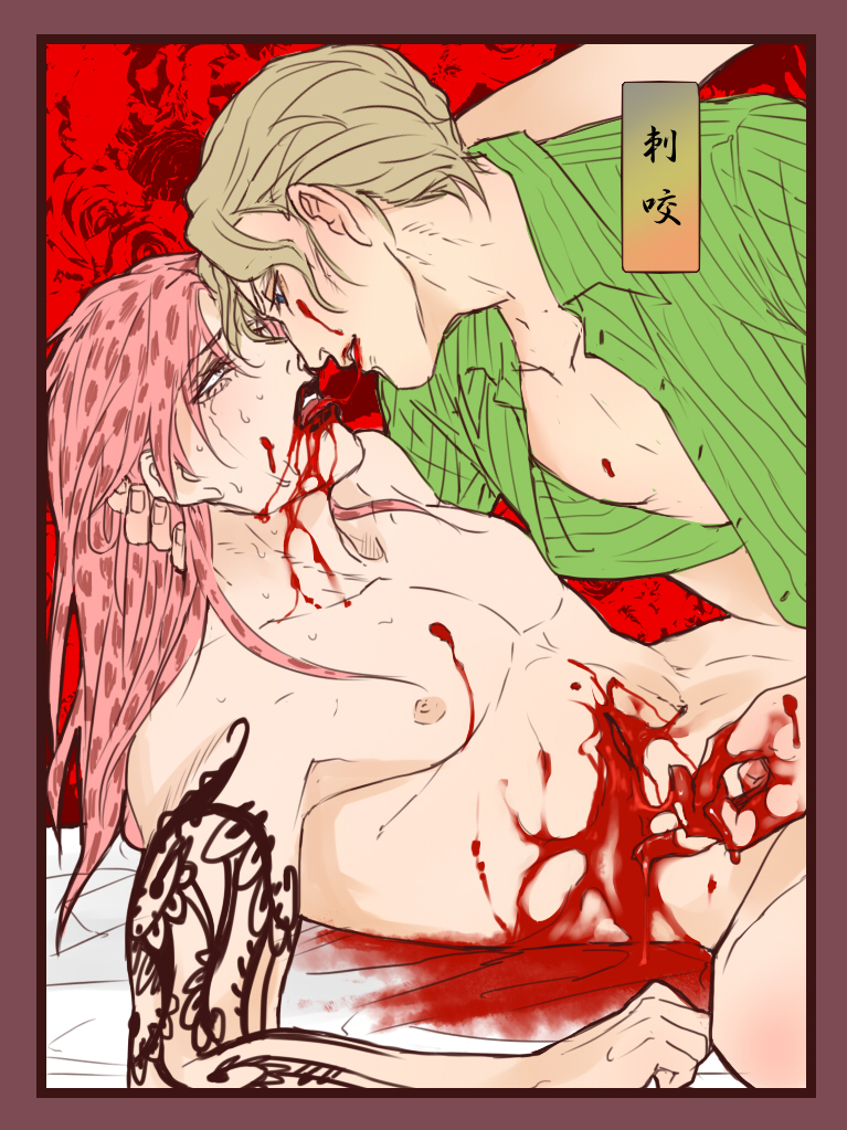 2boys, blonde hair, blood, blood stain, blue eyes, diamond is unbreakable, diavolo, gay, gore, guro, ichimoku, jojo's bizarre adventure, male, pink hair, tattoo, vento aureo, yoshikage kira
