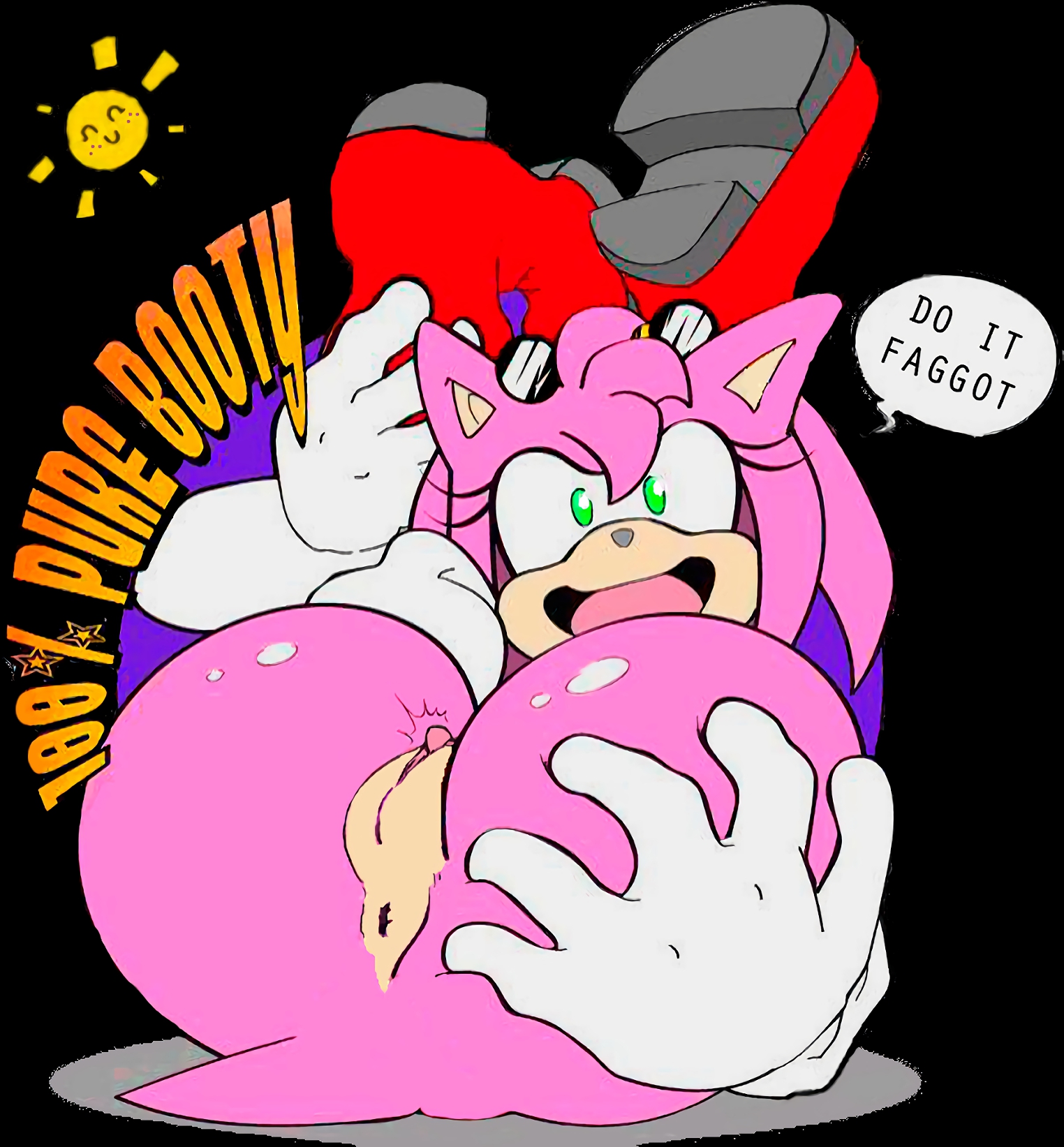 1girls, amy rose, anthro, anthro female, anthro only, anus, ass, ass focus, big ass, big butt, clitoris, clothing, dialog, dialogue, english text, erect clitoris, eyelashes, faggot, female, female only, functionally nude, functionally nude female, fur, furry, furry female, furry only, gloves, grabbing, grabbing ass, grabbing own ass, green eyes, hand on ass, hand on own ass, hi res, homophobic slur, jiky, long eyelashes, mostly nude, mostly nude female, open mouth, open mouth smile, open-mouth smile, pink body, pink fur, pink hair, presenting, presenting anus, presenting hindquarters, presenting pussy, pussy, red shoes, shoes, short tail, slur, smile, smiling, solo, solo female, solo focus, sonic (series), speech bubble, sun, tail, text, tongue, vagina, video game character, video games, white gloves