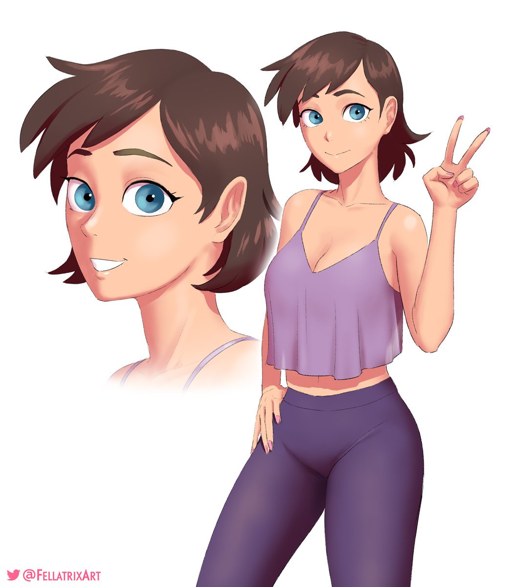 1girls, bimbofication, blue eyes, brown hair, camisole, cleavage, clothing, fellatrix, female, female only, happy female, short hair, smiling, solo, v, yoga pants