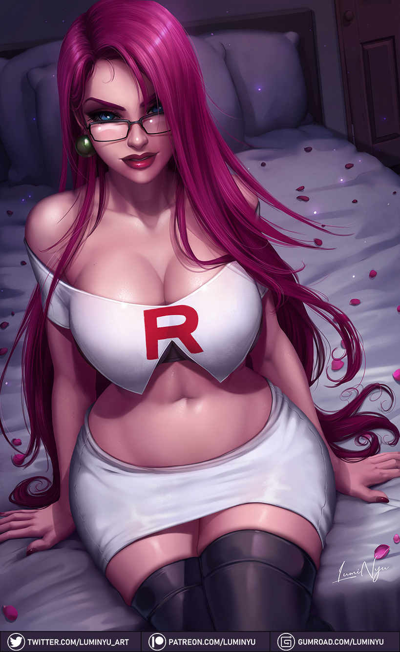 1girls, 2019, abs, alternate breast size, alternate hairstyle, bare shoulders, bed, bedroom, big breasts, blue eyes, breasts, burgundy hair, cleavage, clothed, curvaceous, curvy, earrings, elbow gloves, eye contact, eyelashes, female, female only, glasses, hair down, hips, human, human only, jessie (pokemon), large breasts, lipstick, long hair, looking at viewer, luminyu, makeup, nail polish, naughty face, navel, night, nintendo, on bed, pale skin, patreon, petals, pink hair, pokemon, pokemon rgby, purple hair, purple nails, red lipstick, seductive eyes, seductive smile, shirt, sitting, skirt, solo, straight hair, team rocket, text, thick, thick thighs, thighhighs, thighs, url, very long hair, watermark, wide hips