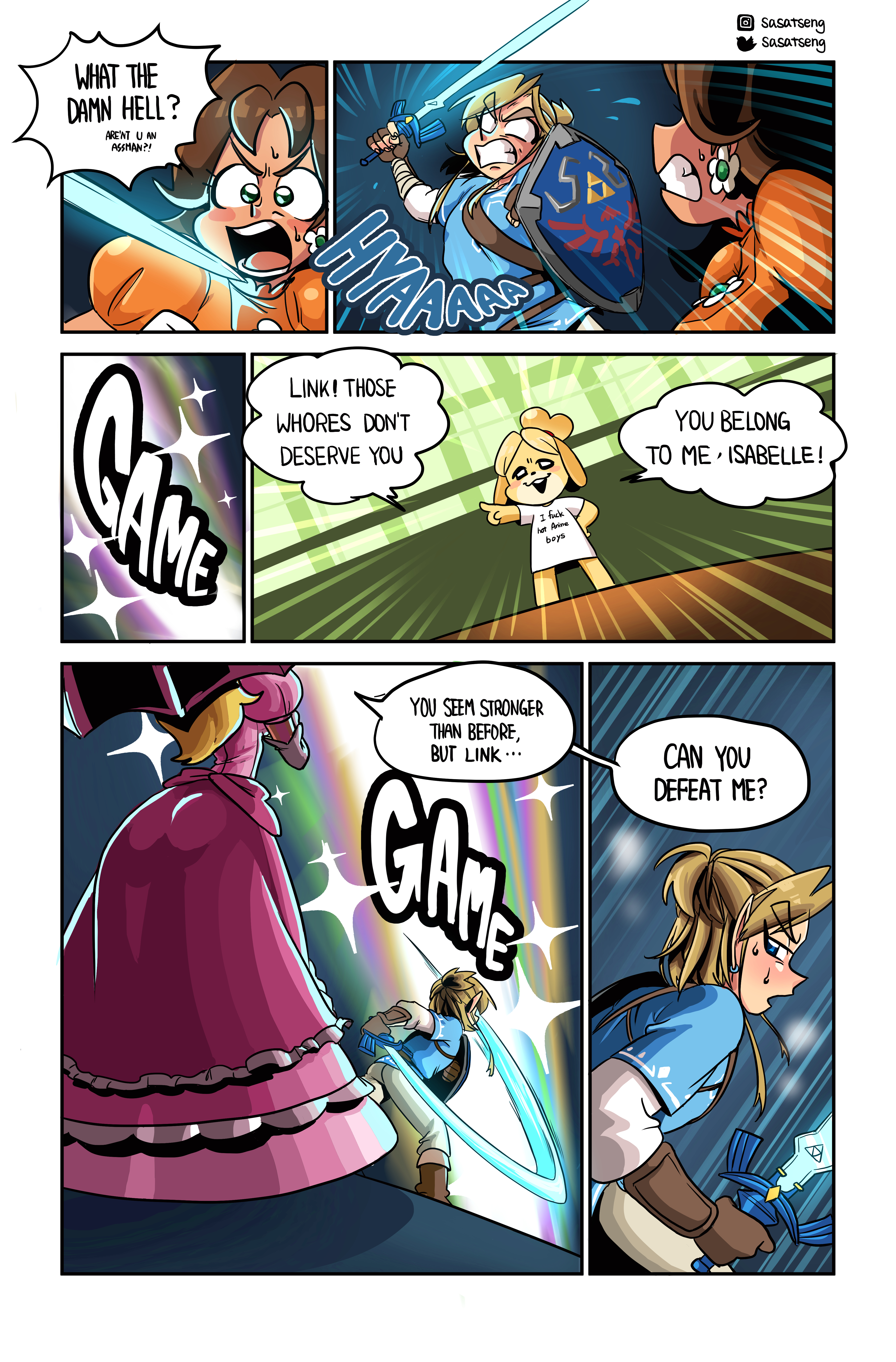 1boy, 3girls, absurd res, angry, animal crossing, anthro, attack, blonde hair, blush, breath of the wild, brown hair, canine, clothed, clothing, comic, crossover, dialogue, dress, english text, female, fight, fighting, hair, highres, holding, holding sword, hylian shield, indoors, isabelle (animal crossing), link, link (breath of the wild), looking back, male, mario (series), master sword, multiple females, multiple girls, nintendo, no pupils, open mouth, parasol, pointy ears, princess daisy, princess peach, royalty, sasatseng, shield, shirt, shocked, sparkle, speech bubble, speed lines, super smash bros., sweat, teeth, text, the legend of zelda