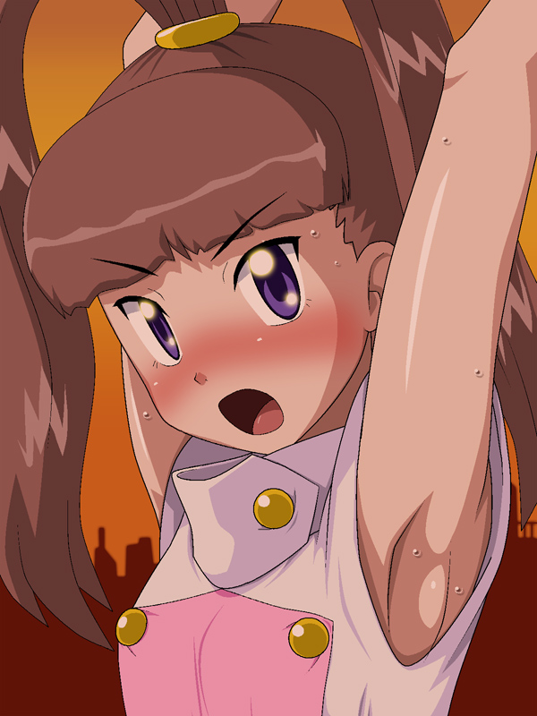 1girls armpits blush brown_hair digimon digimon_xros_wars flat_chest looking_at_viewer nene_amano open_mouth purple_eyes sweat twintails