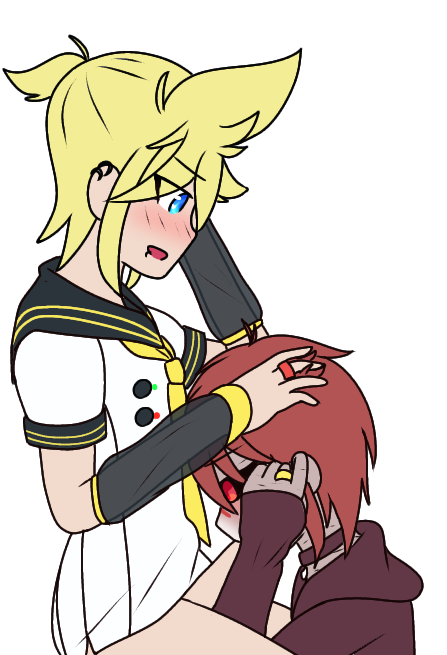 2boys bandage_on_nose black_sclera blonde_hair blowjob blue_eyes blush blush_lines blushing choker detached_sleeves ear_piercing fellatio femboy fukase gay hand_in_hair hand_on_another's_head hoodie kagamine_len large_penis lip_piercing nose_bandage oral partially_clothed red_eyes red_hair ring sailor_collar scar see-through_sleeves short_hair simple_background tie vocaloid vocaloid_4 white_background yaoi