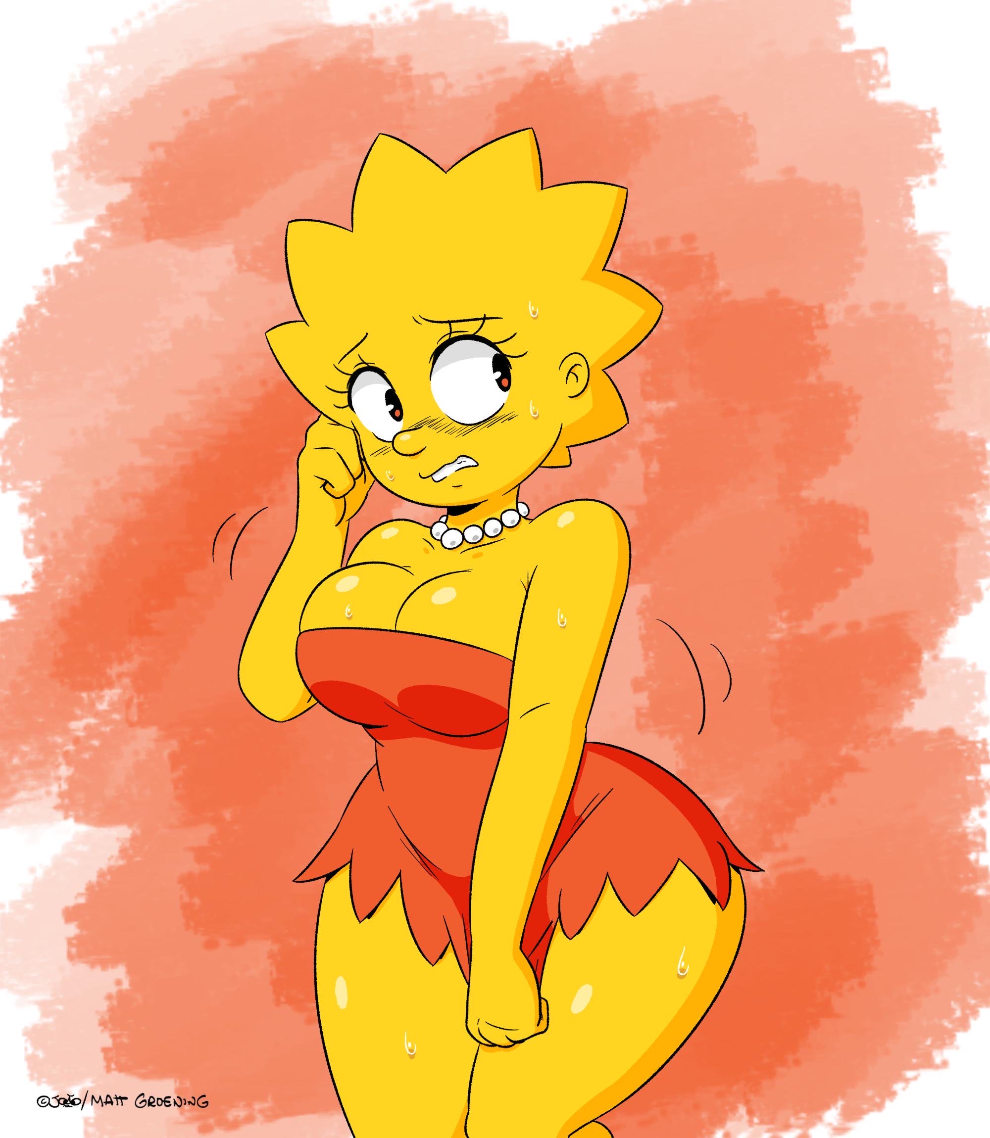 1girls, alternate breast size, ass, big ass, big breasts, breasts, clothed, clothing, curvaceous, curvy, curvy female, curvy figure, dress, dwarf, embarrassed, female, joaoppereiraus, large breasts, lisa simpson, necklace, older, partially clothed, red dress, shortstack, sweating, the simpsons, thick thighs, thighs, yellow body, yellow skin