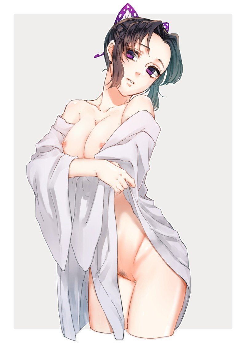 1girls, bare shoulders, black hair, breasts, butterfly hair ornament, dark hair, demon slayer, female, female only, grey background, kimetsu no yaiba, kochou shinobu, medium breasts, nipples, no bra, no panties, pubic hair, purple eyes, purple hair, purple-haired female, solo, undressing