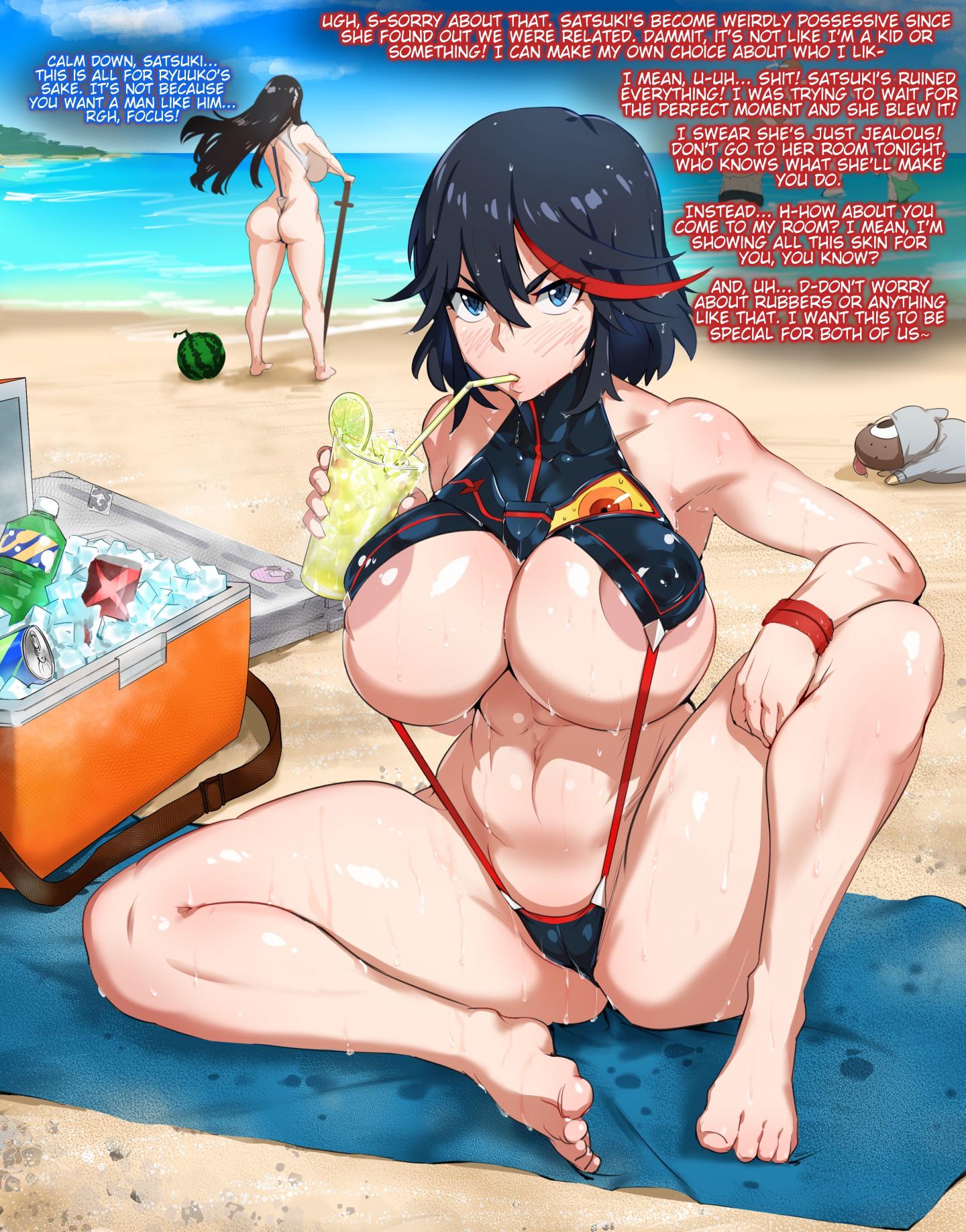 abs barefoot beach big_breasts bikini blue_eyes blush caption dark_hair drinking flirting huge_areolae huge_ass huge_breasts kill_la_kill kiryuuin_satsuki kunaboto large_breasts looking_at_viewer matoi_ryuuko muscular_female naughty_face nipples_visible_through_clothing pov puffy_nipples seductive senketsu sisters sling_bikini sweat sweaty_belly sweaty_breasts talking_to_viewer text thick_thighs two_tone_hair underboob venus_body visible_nipples voluptuous