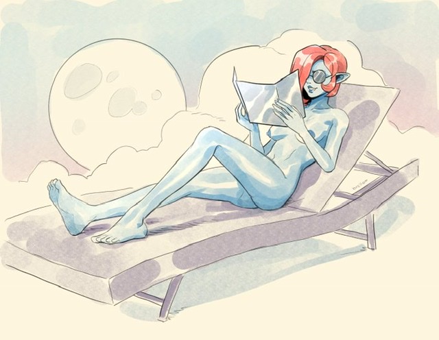 blue_skin brellom casual_nudity feet karantos_(beaumont) long_legs night nonsexual_nudity nude original red_hair reflection shiny_skin small_breasts sunbathing sunglasses vampire watercolor_(artwork)