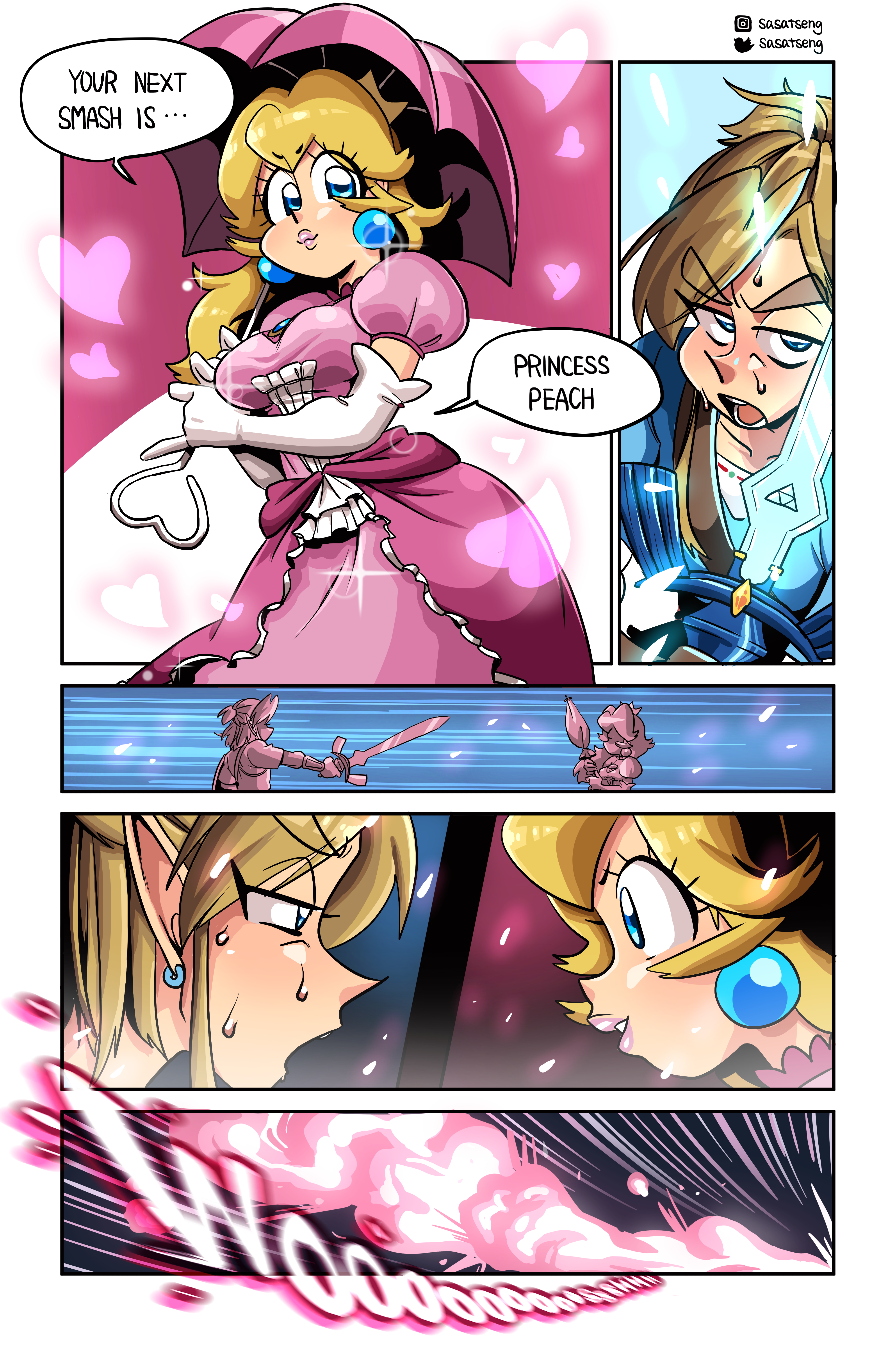 1boy, 1girls, absurd res, blonde hair, breath of the wild, cherry blossoms, clothed, clothing, comic, crossover, dress, earrings, english text, female, fingerless gloves, hair, heart, highres, holding, holding sword, human, link, link (breath of the wild), lips, lipstick, looking at another, male, mario (series), master sword, nintendo, onomatopoeia, open mouth, parasol, princess peach, royalty, sasatseng, speech bubble, super smash bros., sweat, text, the legend of zelda