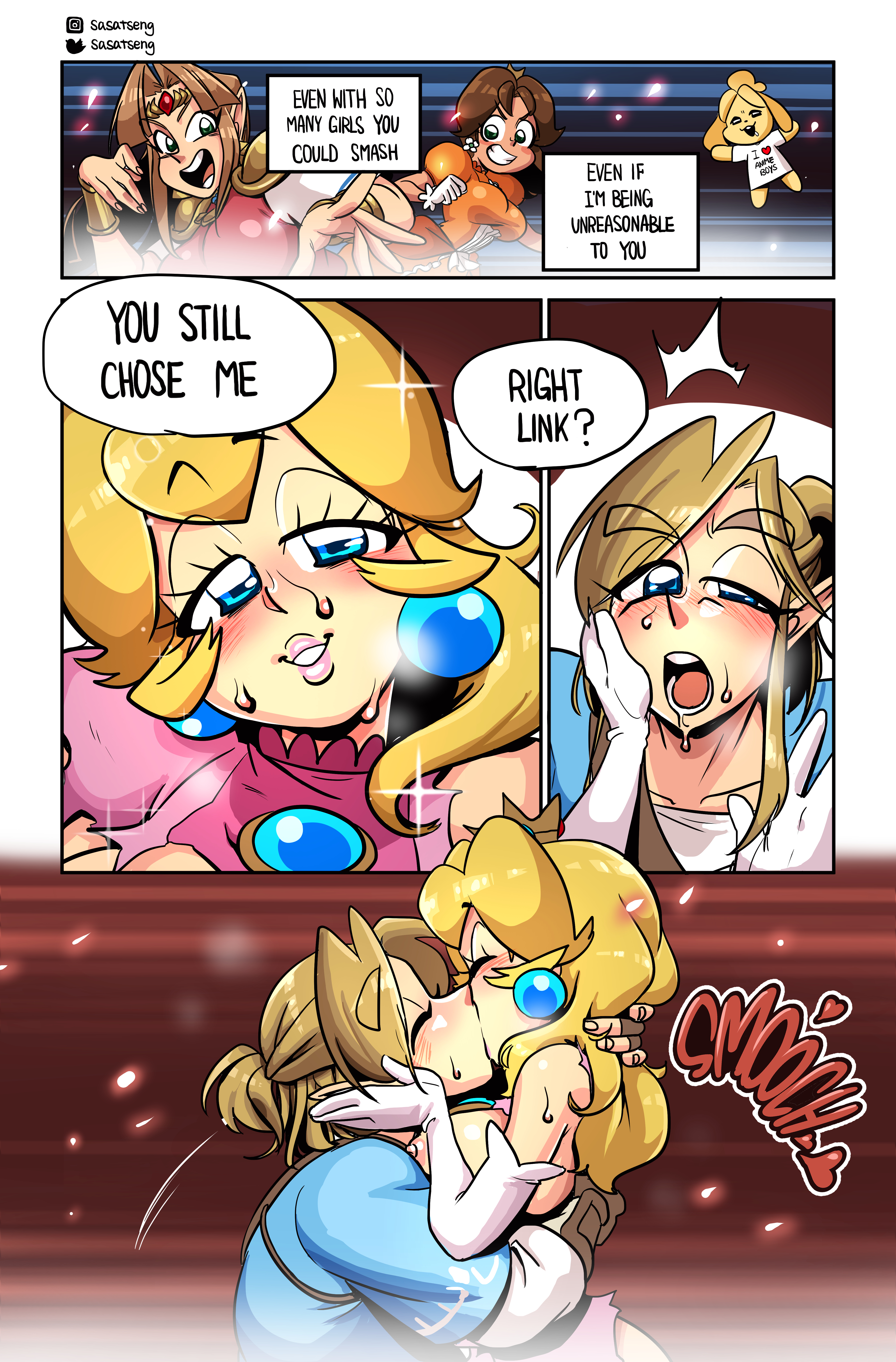1boy, 4girls, a link between worlds, absurd res, animal crossing, blonde hair, blue eyes, blush, breasts, breath of the wild, closed eyes, clothing, comic, crossover, crown, duo focus, english text, eyelashes, female, hair, highres, human, isabelle (animal crossing), kissing, link, link (breath of the wild), looking at another, male, male penetrating, mario (series), nintendo, nipples, open mouth, princess daisy, princess peach, princess zelda, royalty, sasatseng, sex, speech bubble, straight, super smash bros., text, the legend of zelda, torn clothes, torn clothing, zelda (a link between worlds)