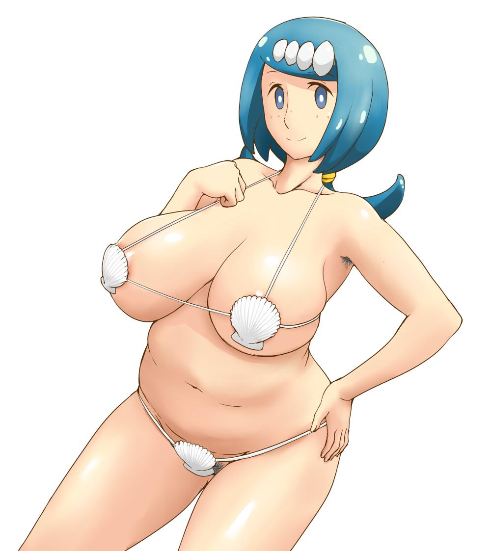 1girls, alternate outfit, areola slip, areolae, armpit hair, armpits, belly, bikini, blue eyes, blue hair, breasts, busty, chubby, eye contact, female, female only, freckles, hairy, huge breasts, human, human only, lana's mother (pokemon), looking at viewer, milf, mob face, mother, navel, nintendo, pokemon, pokemon sm, pose, pubic hair, solo, thick thighs, tof, voluptuous, white background, wide hips
