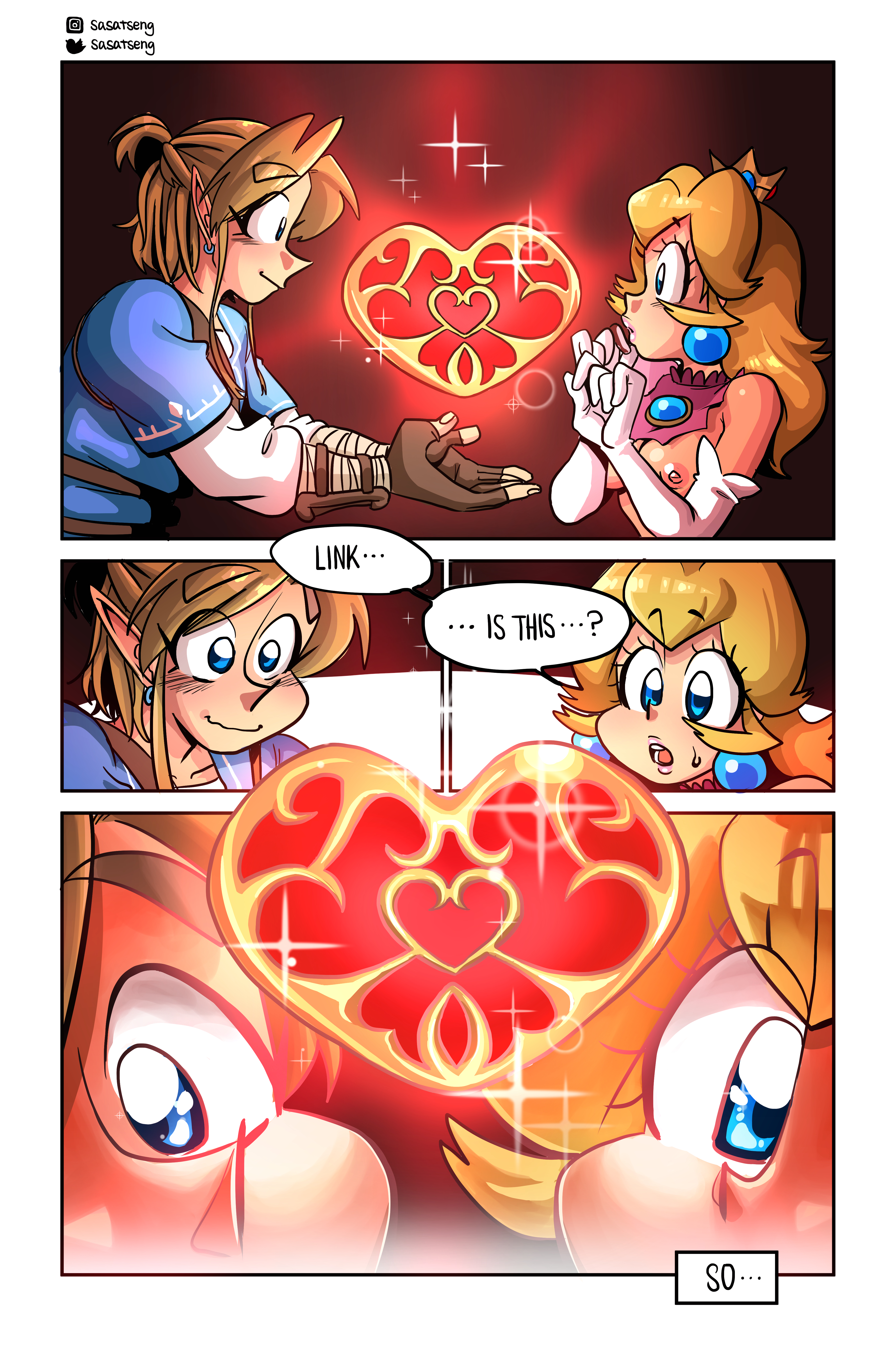 1boy, 1girls, absurd res, blonde hair, blue eyes, blush, breasts, breath of the wild, close-up, clothing, comic, crossover, earrings, english text, female, glowing, heart, highres, in love, link, link (breath of the wild), looking at another, male, mario (series), marriage proposal, nintendo, nipples, open mouth, presenting, princess peach, proposal, sasatseng, sparkle, speech bubble, straight, super smash bros., sweat, text, text box, the legend of zelda, torn clothes, torn clothing, wavy mouth