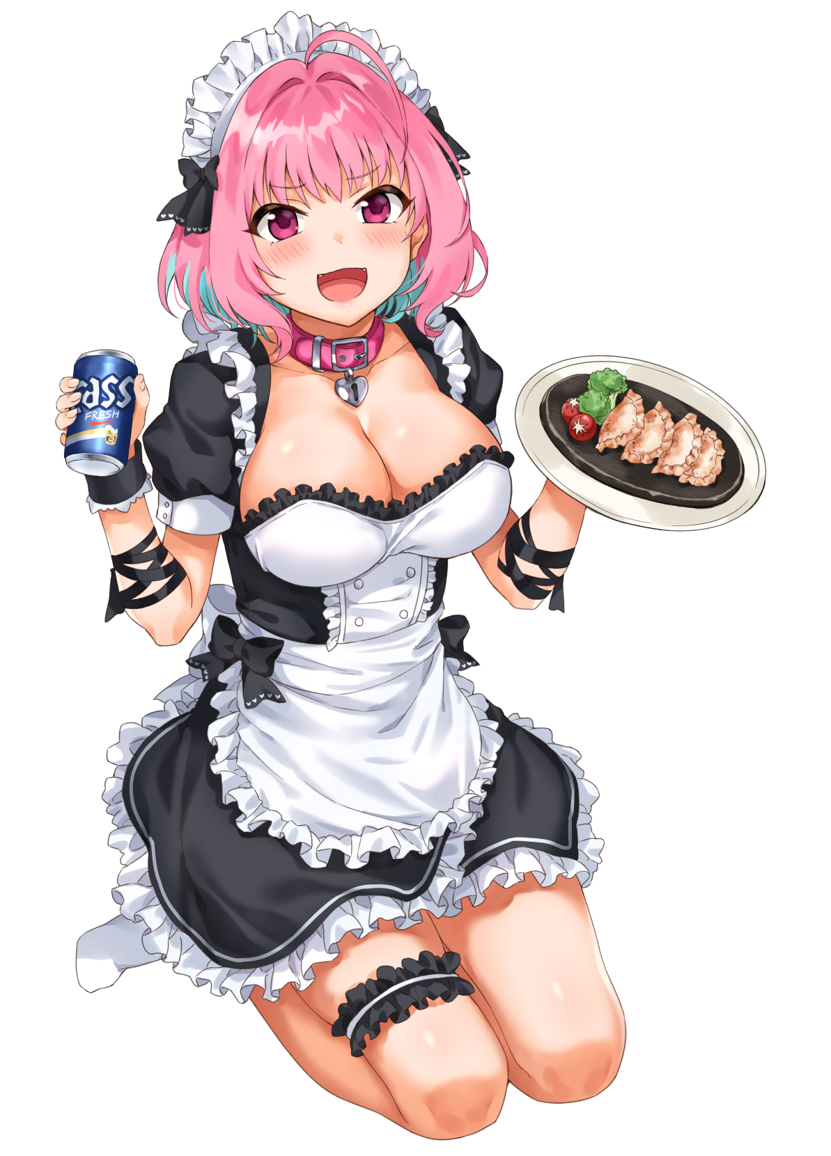 apron, female, idolmaster, legwear, maid, pink hair, sirurabbit, thighhighs, thighs, yumemi riamu
