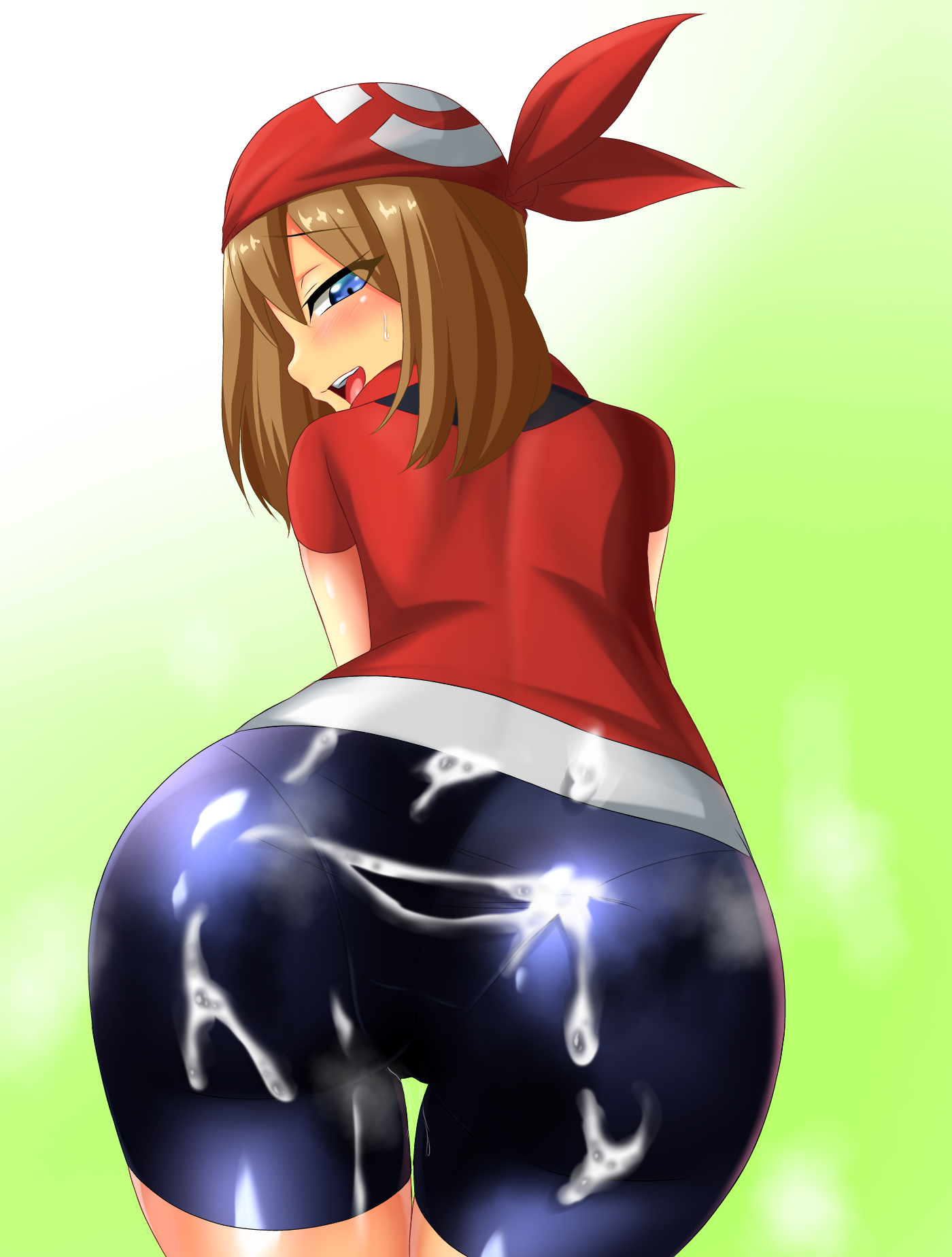 1girls, after buttjob, artist request, ass, assjob, back, bandana, bike shorts, blue eyes, brown hair, buttjob, censored, clothed, cum, cum on ass, cum on body, cum on clothes, cum on lower body, cum on thighs, eye contact, female, from behind, game freak, half-closed eyes, highres, hip focus, huge ass, human, human only, looking at viewer, looking back, may (pokemon), mosaic censoring, nintendo, pokemon, pokemon rse, simple background, smell, solo, straight, tan, wide hips