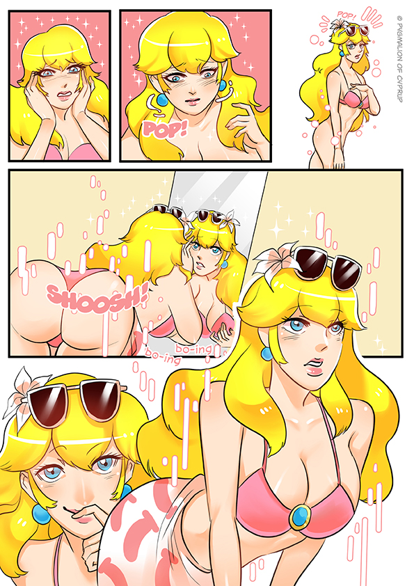 ass ass_expansion big_ass big_breasts bikini_bottom blue_eyes bra breast_expansion comic earrings flower glasses mario_(series) nintendo princess_peach pygmalion_(artist) shocked super_mario_odyssey