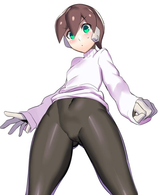 aile blush bodysuit brown_hair cameltoe covered_navel female female_protagonist from_below gloves green_eyes hair_between_eyes hip_focus long_sleeves mega_man mega_man_zx robot_ears rockman rockman_zx short_hair simple_background skin_tight solo spandex sweat sweatdrop sweater turtleneck turtleneck_sweater ukimukai white_background white_gloves white_sweater