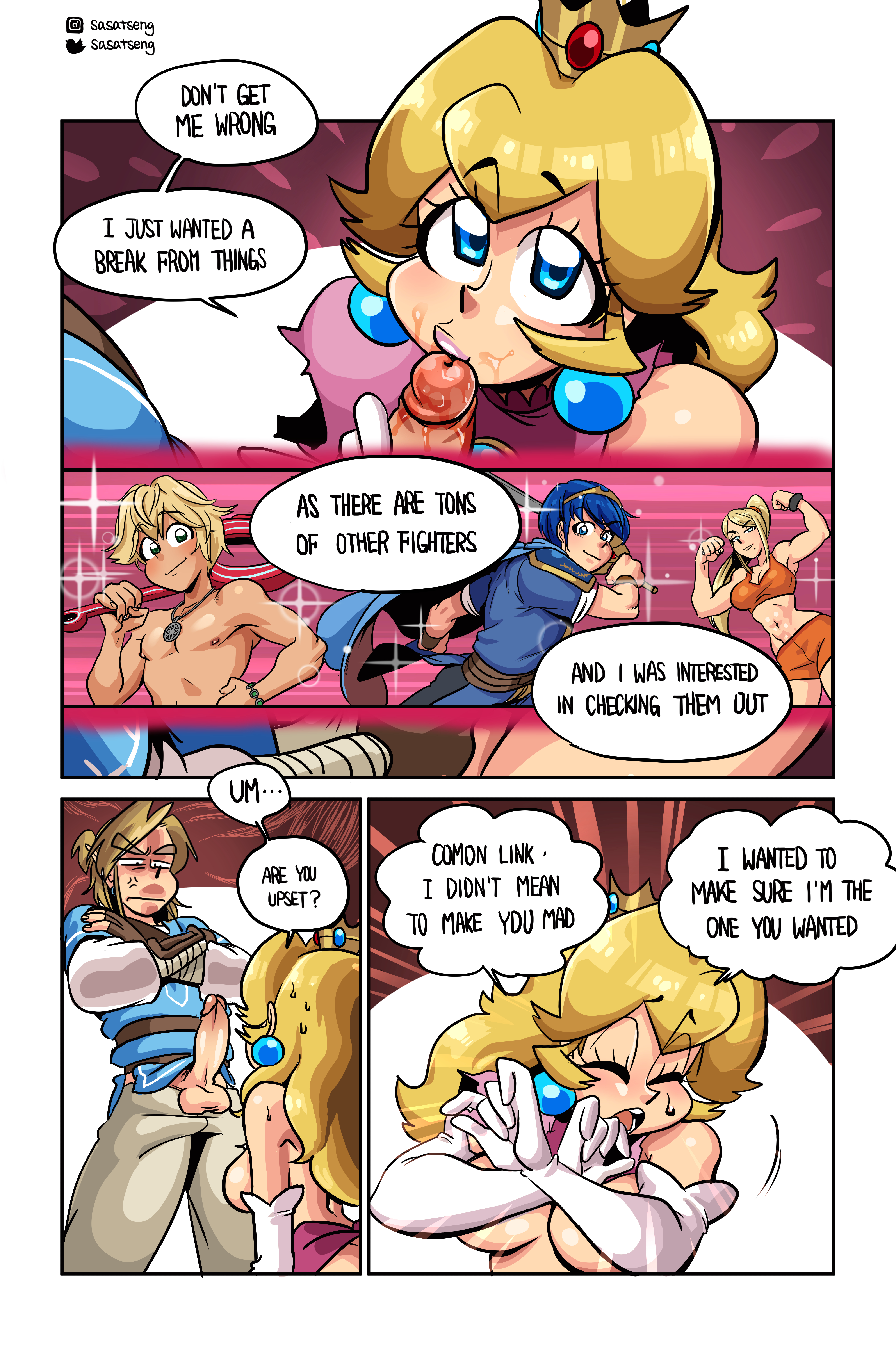 2girls, 3boys, absurd res, angry, balls, blonde hair, blowjob, blue eyes, breasts, breath of the wild, casual outfit (metroid), closed eyes, clothed, clothing, comic, crossed arms, crossover, crown, duo focus, earrings, english text, eyelashes, fellatio, female, fire emblem, fire emblem: mystery of the emblem, fire emblem: shadow dragon and the blade of light, fringe, hair, highres, imminent deepthroat, imminent oral, kissing penis, light skin, light-skinned female, link, link (breath of the wild), lips, lipstick, long hair, looking up, male, mario (series), marth (fire emblem), metroid, multiple boys, multiple males, nintendo, oral, pale skin, pale-skinned female, penis, penis out, petite, pink lipstick, princess, princess peach, royalty, samus aran, sasatseng, seductive eyes, shulk (xenoblade), sidelocks, slim, speech bubble, straight, super smash bros., testicles, text, the legend of zelda, torn clothes, torn clothing, xenoblade (series), xenoblade chronicles