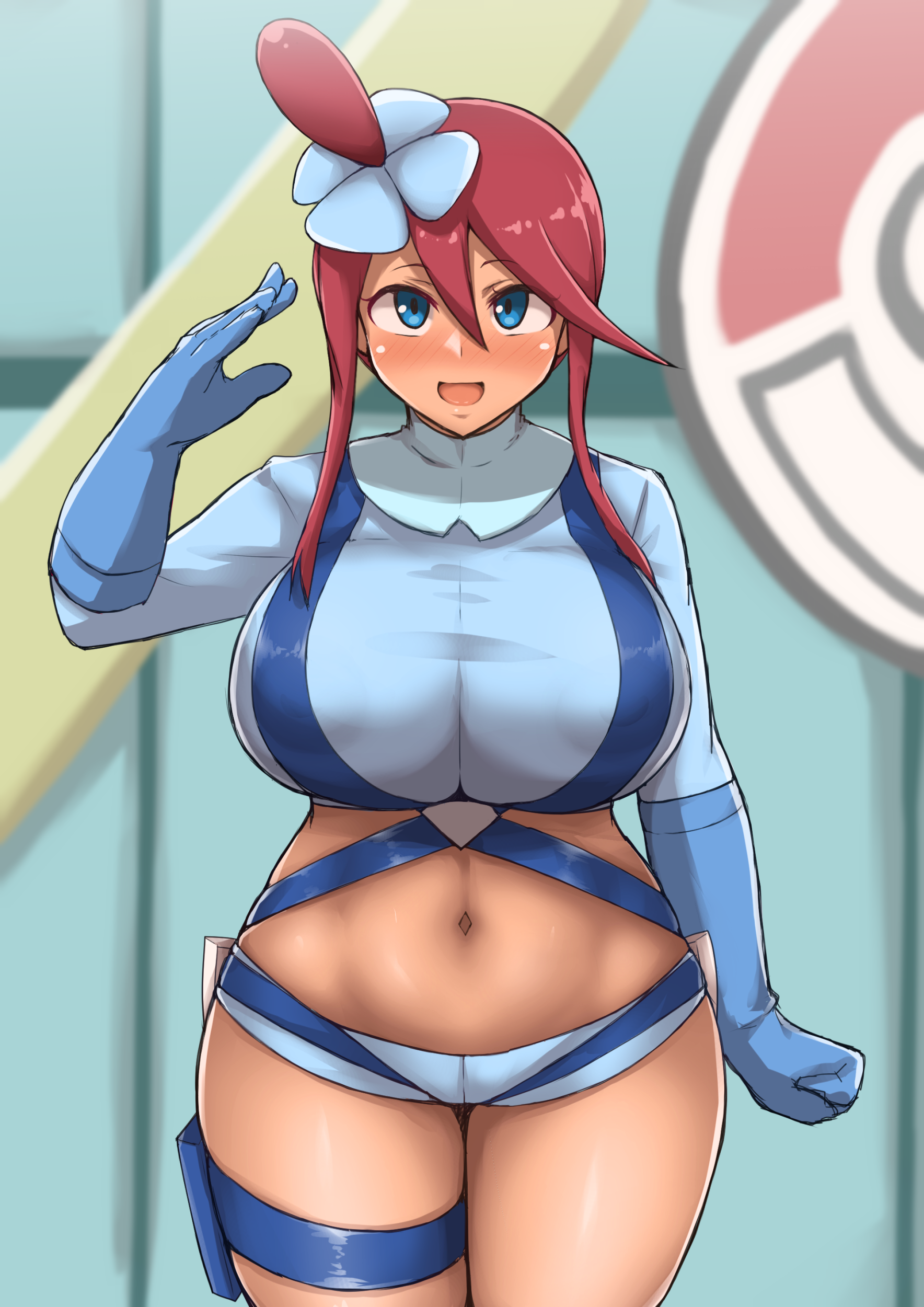 1girls, abs, alternate breast size, belly, blue eyes, blush, breasts, clothed, eye contact, female, gloves, huge breasts, large breasts, looking at viewer, midriff, navel, nintendo, pilot suit, pokemon, pokemon bw, red hair, salute, shirt, shorts, skyla (pokemon), solo, source request, thick thighs, wide hips, yamaori