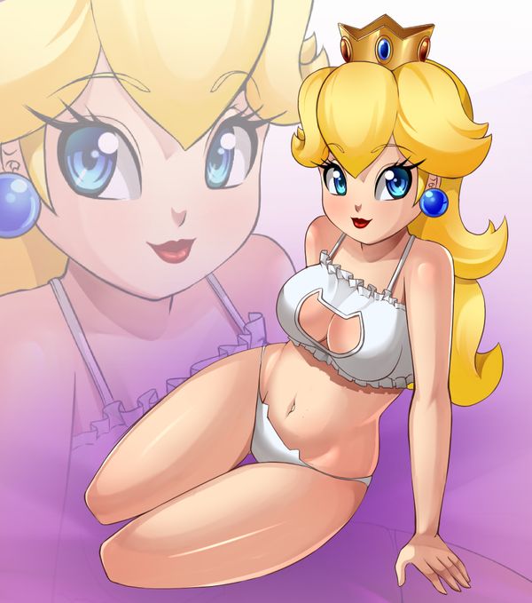 1girls bikini blonde_hair blue_eyes breasts cat_keyhole_bra cat_lingerie cleavage cleavage_cutout crown curvy earrings eyebrows_visible_through_hair female female_only human jewelry lips lipstick long_hair makeup mario_(series) navel nintendo princess_peach razorkun red_lipstick simple_background smile solo swimsuit thick thick_thighs thighs video_games white_bikini wide_hips zoom_layer