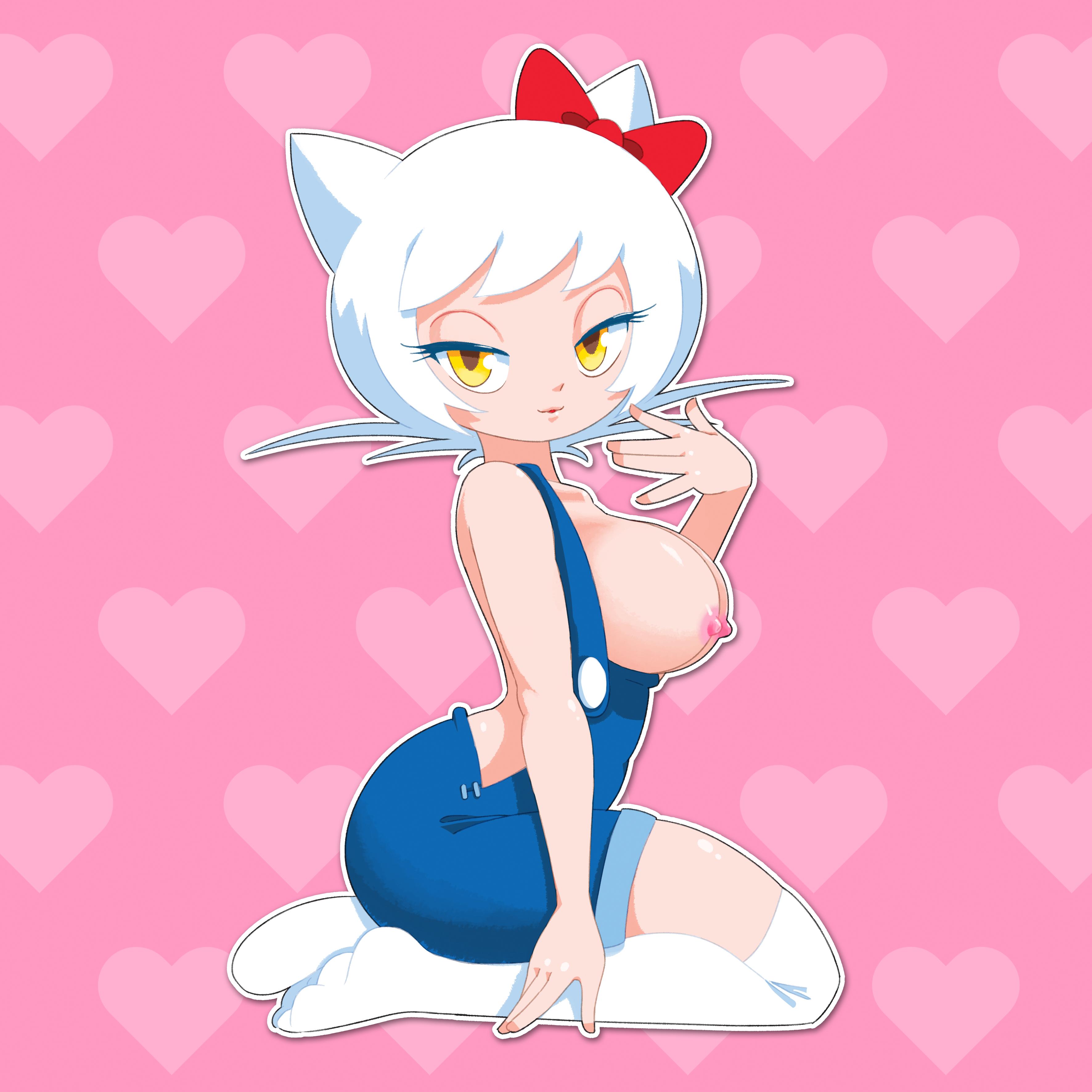 bowtie, breasts, cat ears, female, hearts in background, hello kitty, hello kitty (character), hello kitty (series), humanized, kitty white, minus8, personification, pink nipples, sanrio, solo, stockings, tagme, white hair, yellow eyes