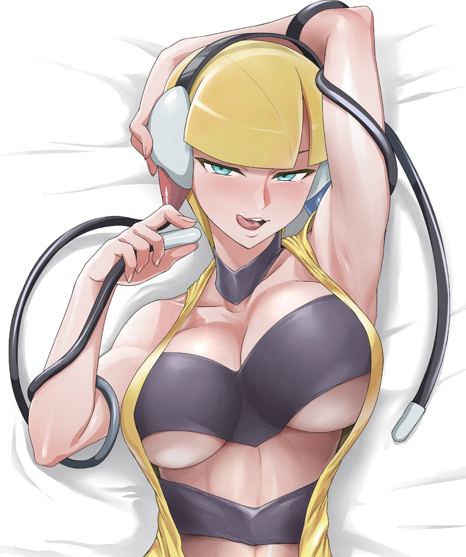 1girls abs alternate_breast_size arm_up armpits athletic athletic_female belly big_breasts blonde_hair blue_eyes blush breasts cleavage clothed clothed_female cropped_image dakimakura elesa_(pokemon) elesa_(pokemon_bw) eye_contact female female_only half-closed_eyes headphones hirokanekure huge_breasts impossible_clothes large_breasts licking_lips looking_at_viewer lying nintendo on_back open_mouth pokemon pokemon_bw pose seductive seductive_look short_hair smile solo teasing teeth toned toned_female tongue tongue_out underboob