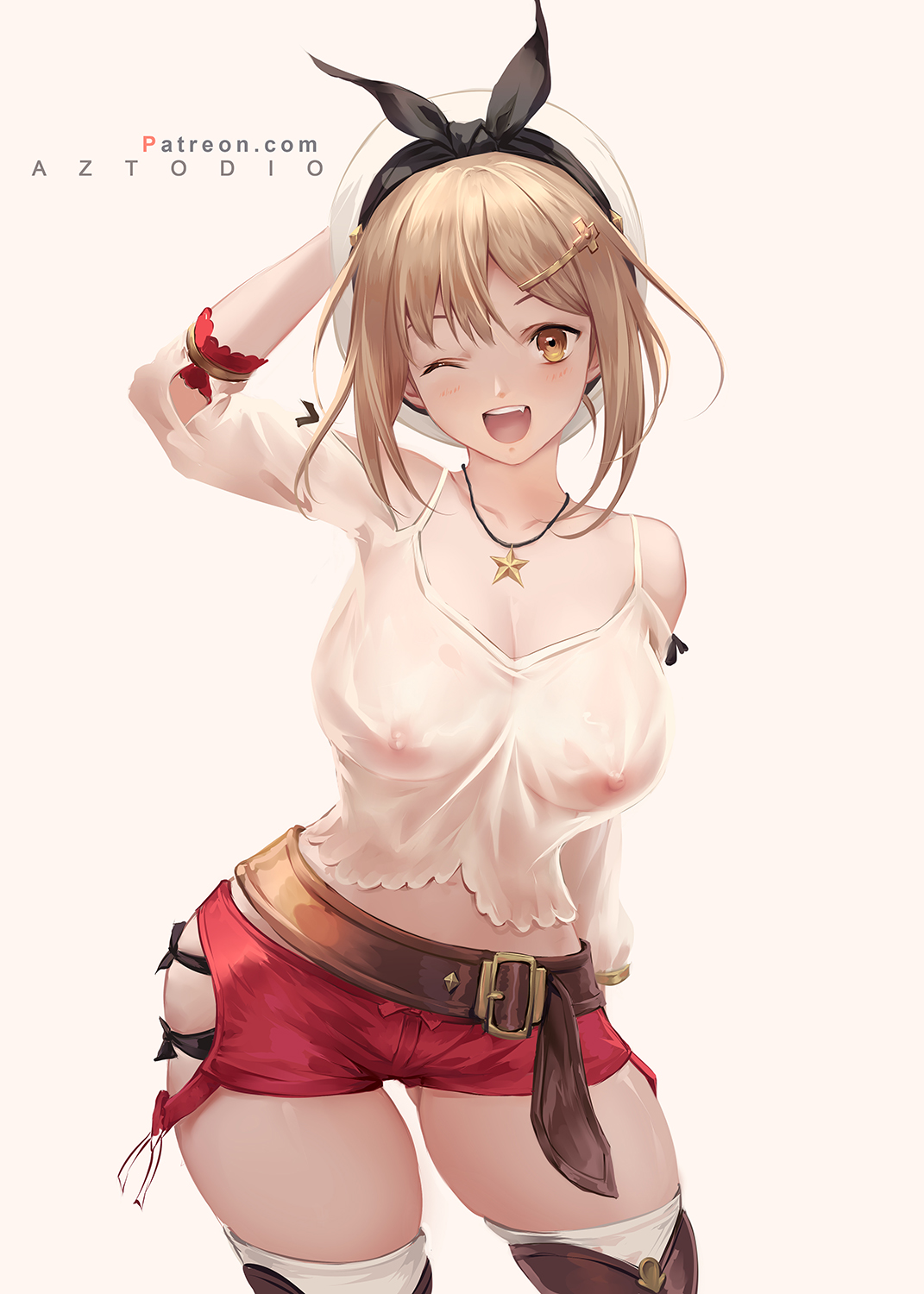 1girls, arm behind head, atelier (series), atelier ryza, azto dio, bangs, bare shoulders, beret, black ribbon, blush, boots, breasts, brown eyes, brown footwear, brown hair, collarbone, covered nipples, female, hair between eyes, hat, highres, jewelry, large breasts, leather belt, legwear, looking at viewer, navel, necklace, one eye closed, open mouth, red shorts, reisalin stout, ribbon, sheer clothes, short hair, short shorts, shorts, smile, solo, star, star necklace, thick thighs, thigh boots, thighhighs, thighs, white headwear