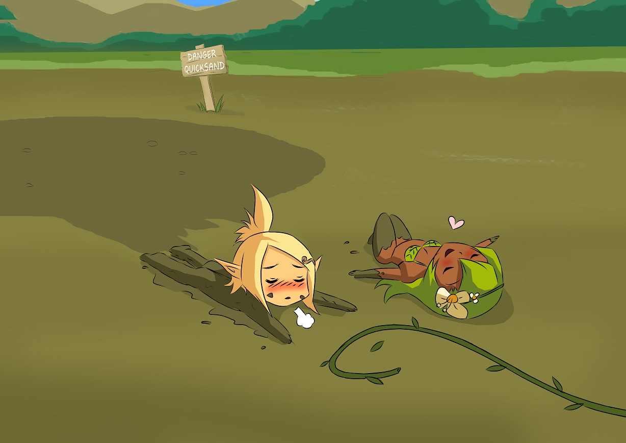 2girls, a-020, after sex, amalia, bikini, blonde hair, closed eyes, dark skin, dark-skinned female, evangelyne, female, female only, flower, green hair, heart, leaf, leaf bikini, light skin, messy, mud, multiple females, multiple girls, open mouth, peril, quicksand, sigh, sign, sling bikini, swimsuit, vines, wakfu