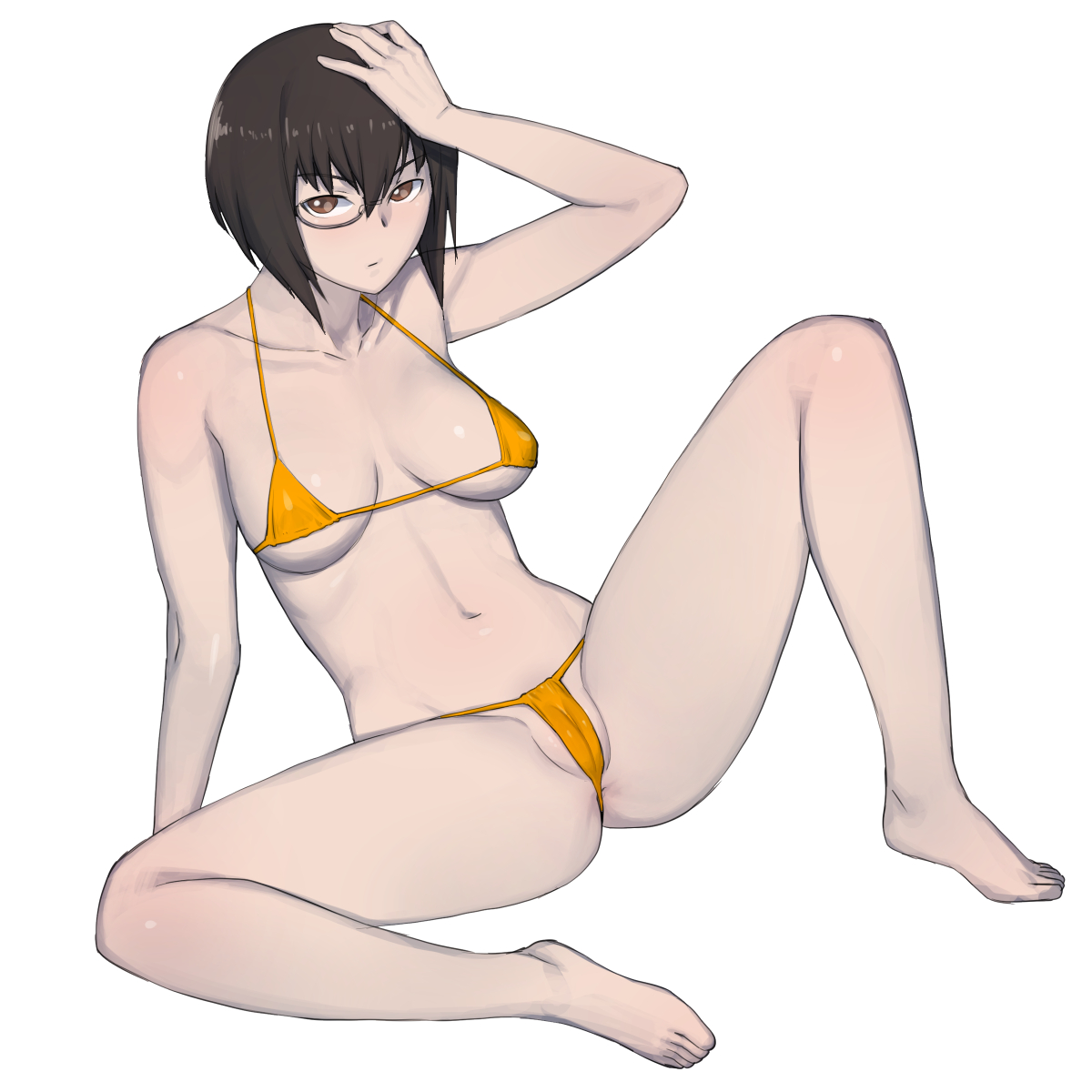 1:1 aspect ratio, bikini, black hair, breasts, brown eyes, cameltoe, clavicle, eyebrows, eyebrows visible through hair, female, girls und panzer, groin, hand on head, kawashima momo, large breasts, looking at viewer, megane, monochrome background, monocle, navel, onsen tamago (hs egg), pussy, shiny, shiny clothes, shiny hair, shiny skin, short hair, simple background, sitting, solo, spread legs, swimsuit, thong bikini, thong bikini bottom, white background, yellow bikini, yellow swimsuit