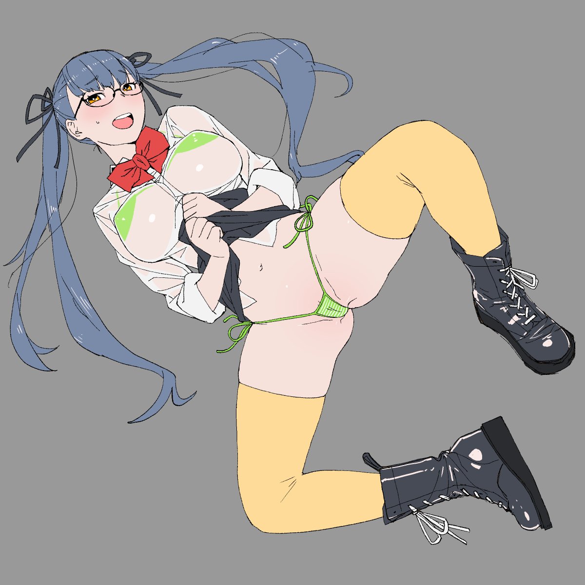 1:1 aspect ratio, belly button, bikini, black ribbon, blue hair, blush, boots, bow, breasts, cameltoe, female, glasses, green bikini, large breasts, legwear, long hair, megane, onsen tamago (hs egg), open mouth, orange eyes, original, pussy, ribbon, school uniform, see-through, side-tie bikini, skirt, skirt lift, spread legs, stockings, sweat, swimsuit, thighhighs, tied hair, twintails, yellow stockings