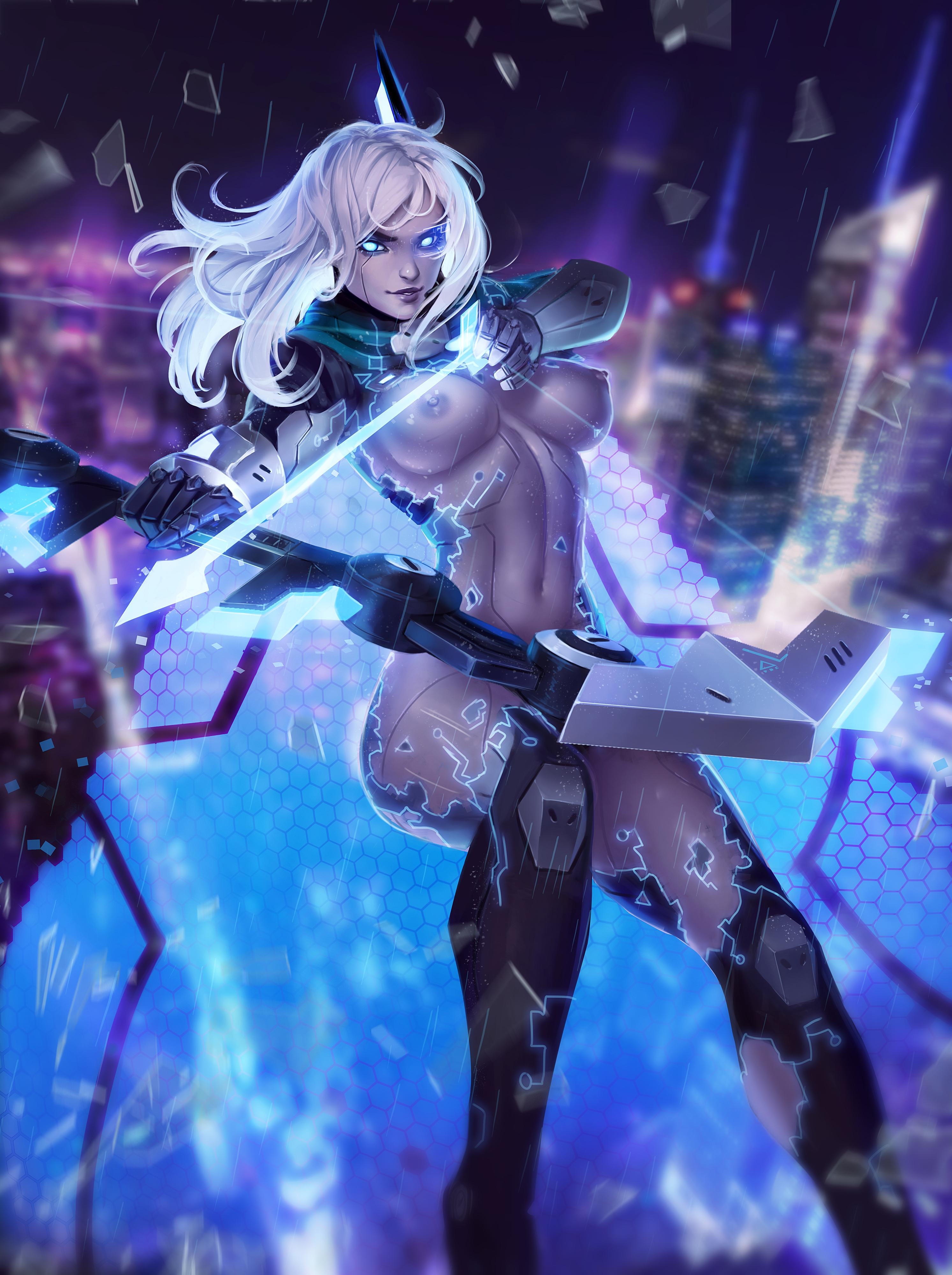 1girls, ashe (league of legends), blue eyes, breasts, female, female focus, female only, glowing eyes, league of legends, looking at viewer, medium breasts, project ashe, project series, riot games, robot, robot girl, solo, solo female, weapon, white hair, zarory