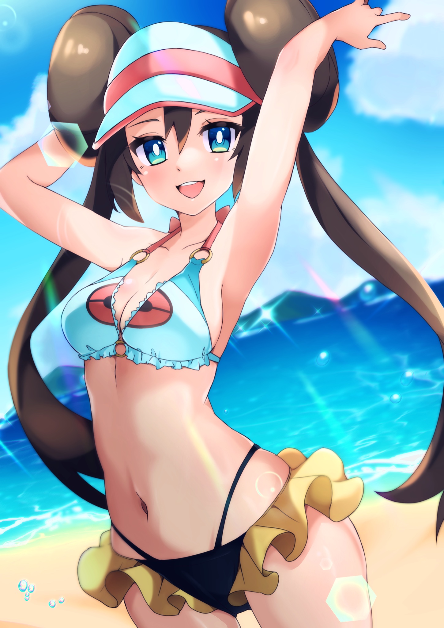 1girls, adorable, armpits, arms up, bangs, bare shoulders, beach, belly button, bikini, bikini top, black bikini bottom, blue bikini top, blue eyes, blurry background, breasts, brown hair, bubbles, cleavage, collarbone, curvaceous, curvy, curvy female, curvy figure, cute, double bun, facing viewer, female, front view, hair between eyes, hair bun, hair buns, happy, having fun, highres, hips, human, human focus, large breasts, light skin, light-skinned female, long hair, medium breasts, navel, nintendo, ocean, open eyes, open mouth, open smile, pokemon, pokemon (game), pokemon bw, pokemon bw2, rosa (pokemon), sea, seaside, skirt, slim figure, slim waist, smile, smiling, smiling at viewer, solo, sparkles, standing, standing up, sunny, swimsuit, swimwear, tied hair, twin buns, twintails, visor, visor cap, water, yellow skirt