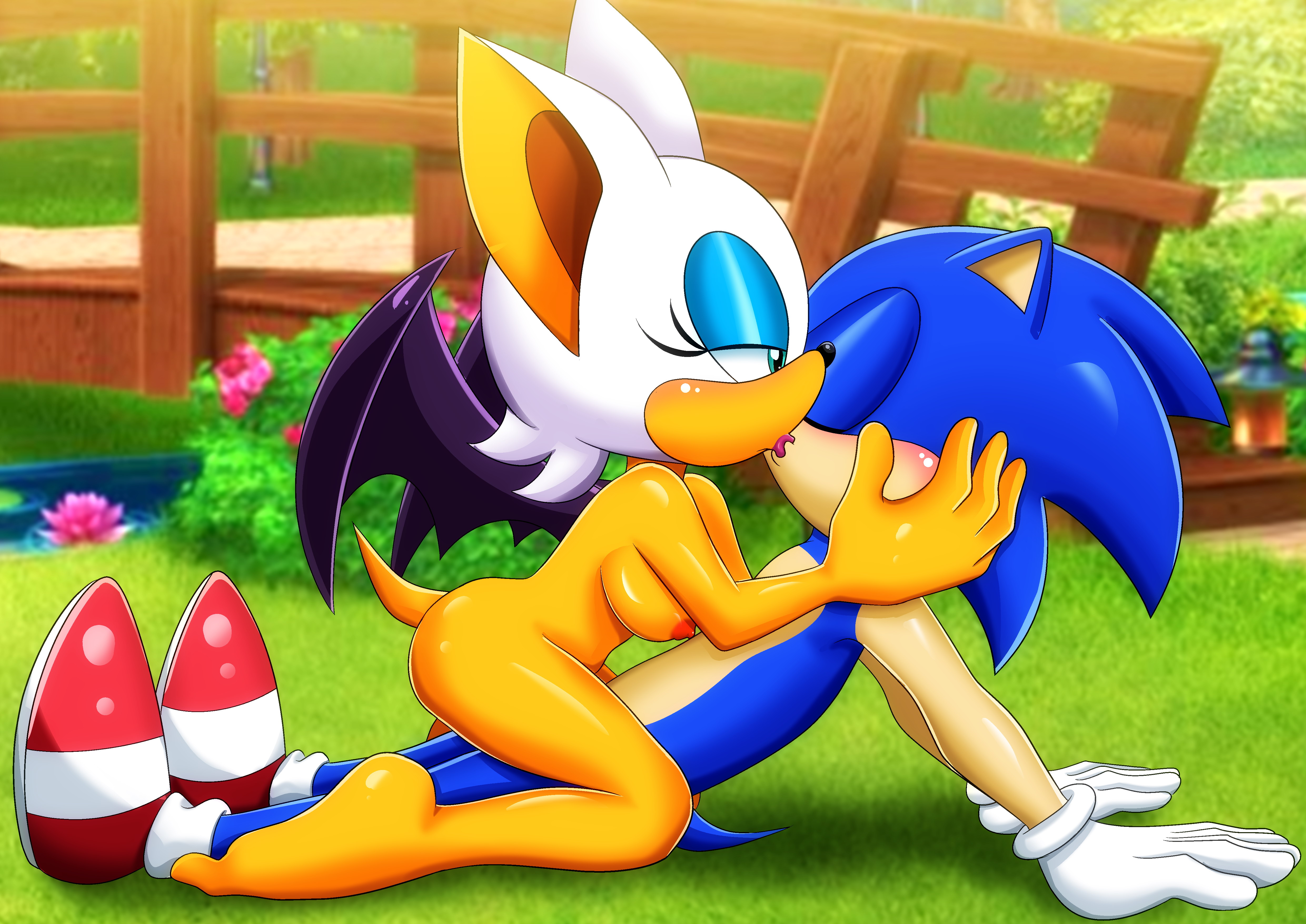 bbmbbf, big breasts, breasts, cowgirl position, female, gloves, kissing, lipstick, male, mobius unleashed, outdoors, palcomix, purple lipstick, rouge the bat, sneakers, sonic (series), sonic the hedgehog, wings