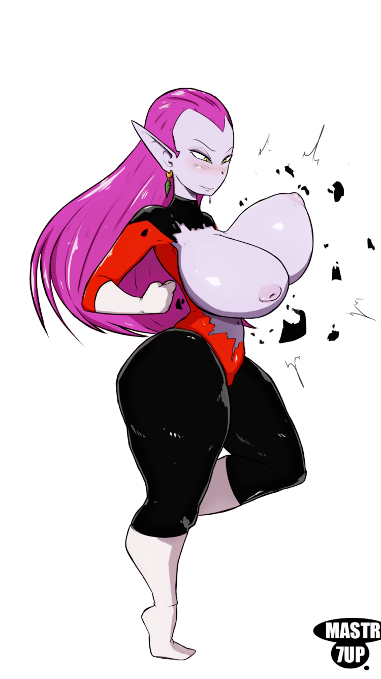ass, blush, boots, breasts, closed mouth, clothed, clothed female, clothing, cocotte, dragon ball, dragon ball super, earring, erect nipples, female, gloves, huge breasts, jiggle, long hair, mastr7up, nipples, pink hair, pointy ears, ripped clothing, skin tight, solo, yellow eyes