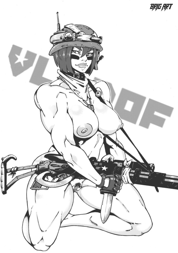 1girls assault_rifle borderlands borderlands_3 bottomless brig_art combat_knife female female_only functionally_nude gun helmet holding_gun knife monochrome moze_(borderlands) muscular muscular_female nude rifle solo topless video_games weapon