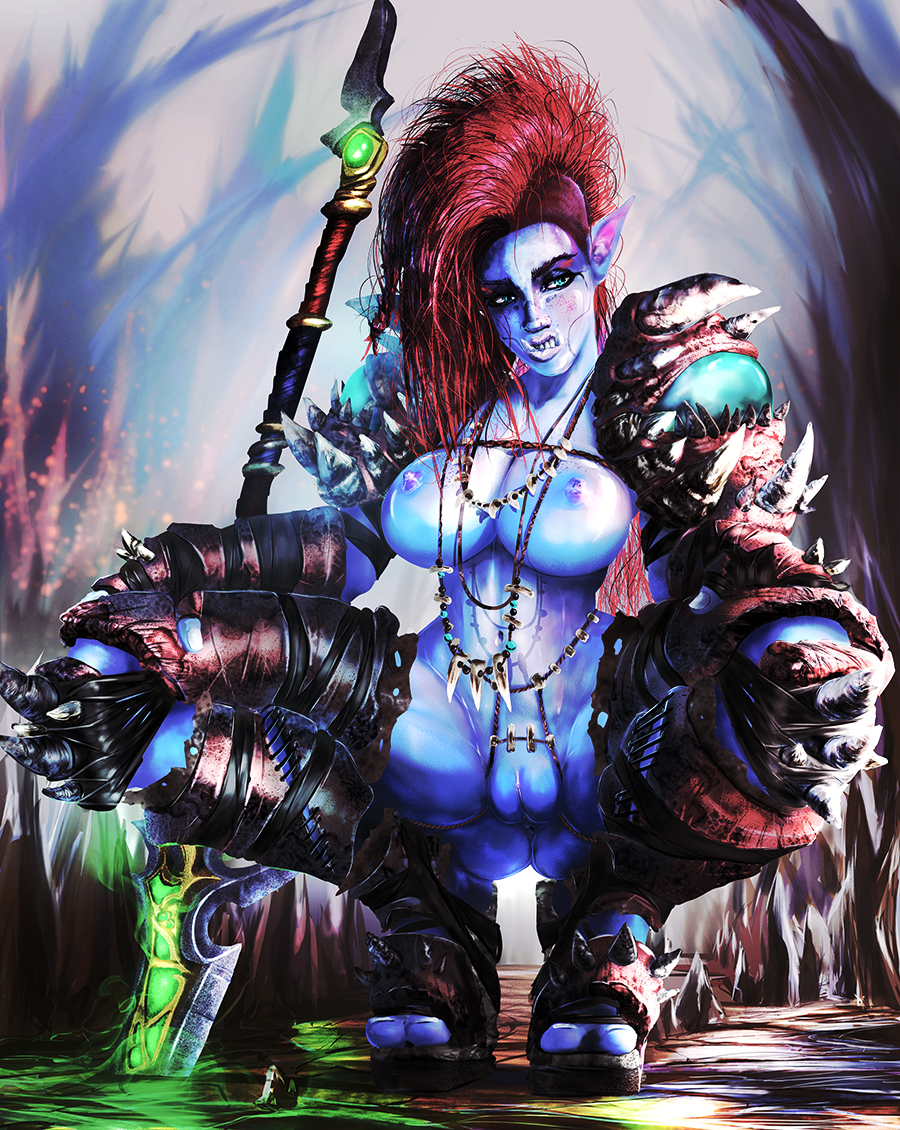 1girls, 2 toes, areolae, armored boots, ass, ass visible through thighs, big breasts, boots, breasts, busty, clitoris, eyeshadow, female, female focus, female only, freckles, functionally nude, gloves, green eyes, jewelry, large breasts, mohawk, negisaray, nipples, outdoors, purple skin, pussy, red hair, shoulder pads, solo, squatting, swamp, tagme, tribal, troll, vagina, warcraft, warrior, world of warcraft