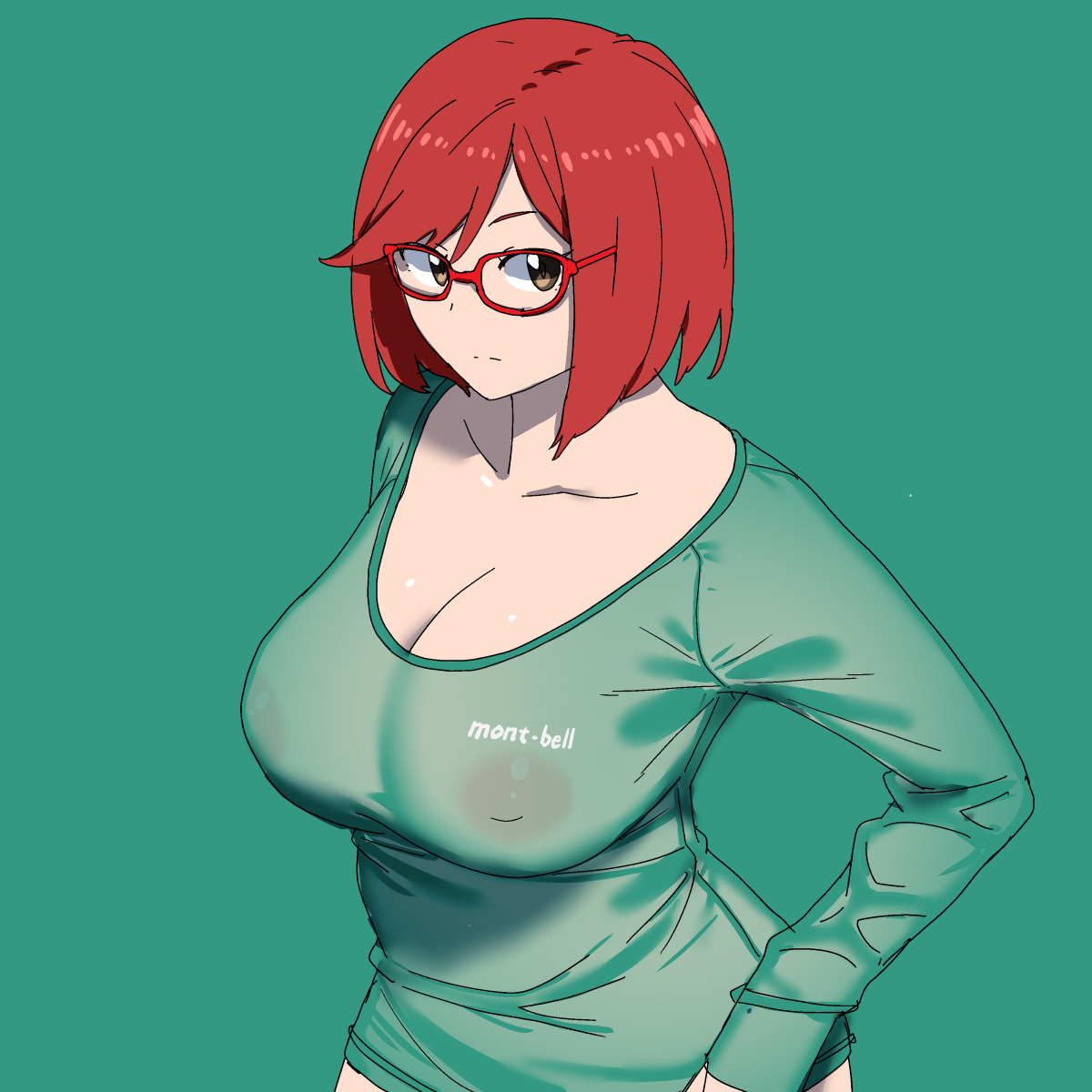 1:1 aspect ratio, 1girls, areolae, breasts, cleavage, curvy, erect nipples, female, female only, green background, high resolution, huge breasts, megane, nipple bulge, nipples, nipples visible through clothing, no bra, onsen tamago (hs egg), see-through, see-through clothing, see-through top, sketch