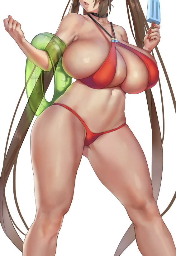 absurdly_long_hair azur_lane bikini black_choker bocas_top breasts choker cleavage criss-cross_halter eu03 female food halter_top halterneck head_out_of_frame huge_breasts innertube knees long_hair navel parted_lips ping_hai_(azur_lane) popsicle red_bikini skindentation solo standing swimsuit thick_thighs thighs twintails veins veiny_breasts very_long_hair walking white_background