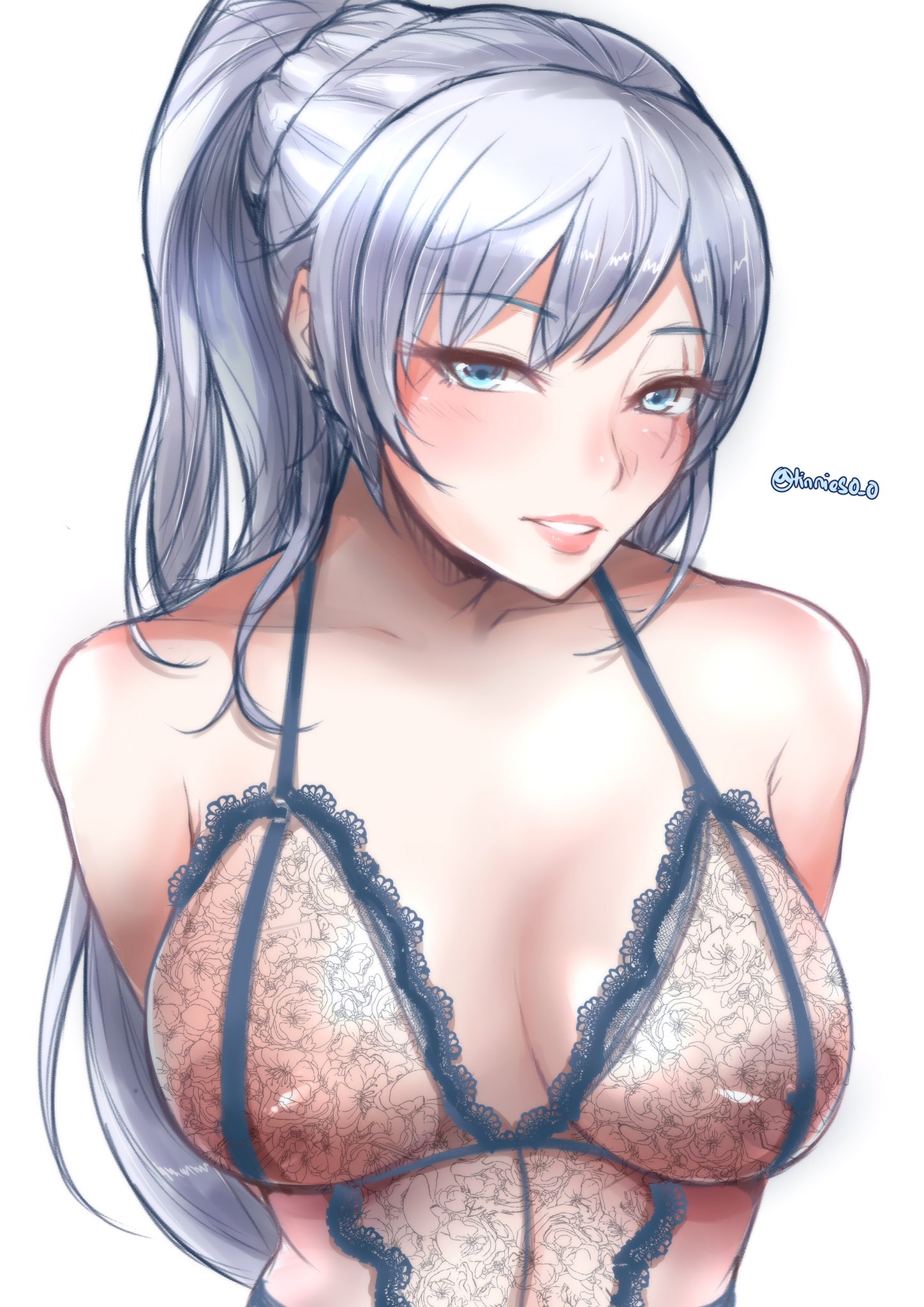1girls, areolae, big breasts, breasts, female, female only, large breasts, looking at viewer, nipples, rwby, solo, tinnies, weiss schnee