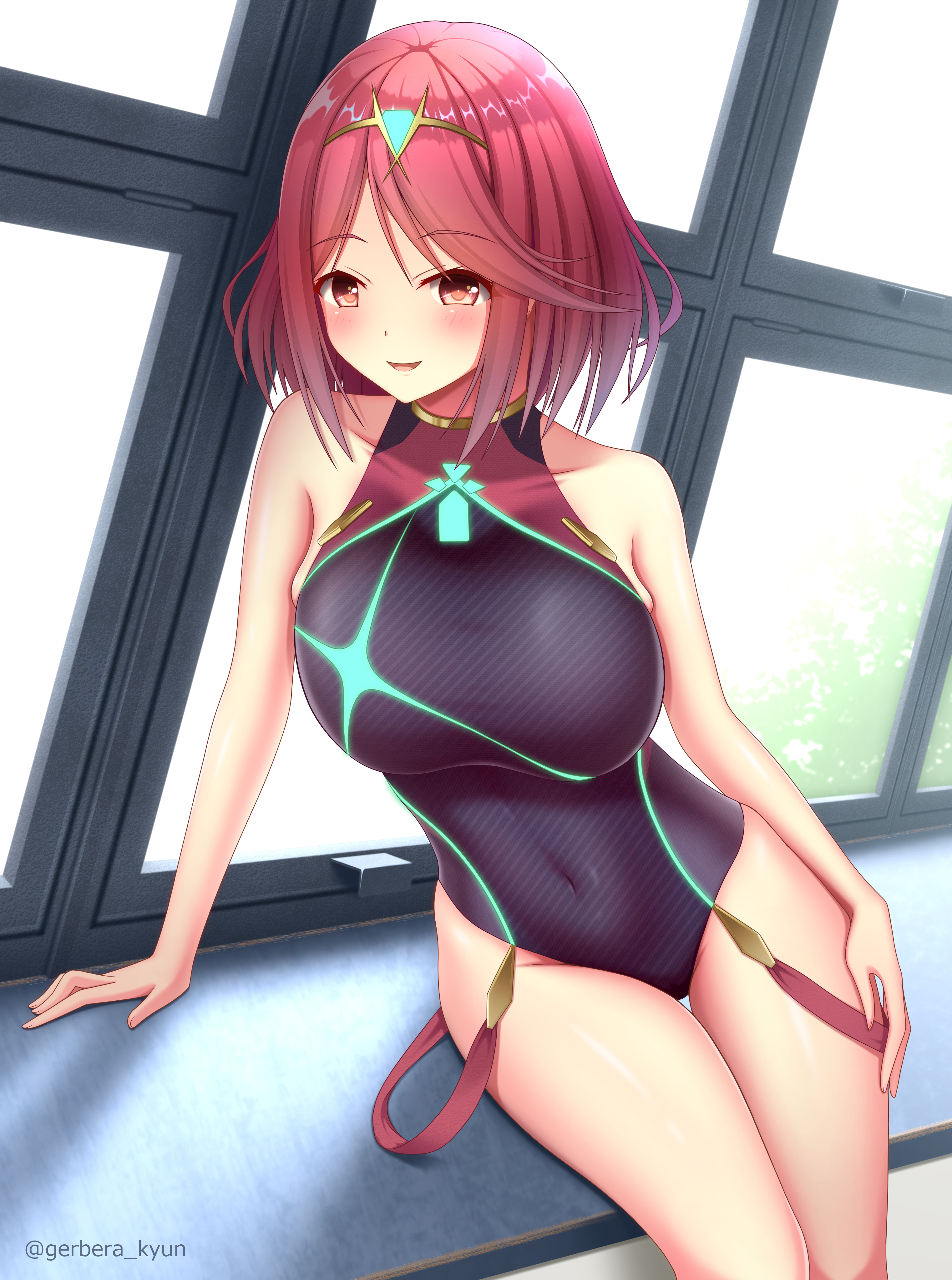 1girls, absurdres, artist name, bangs, blush, breasts, competition swimsuit, covered navel, day, eyebrows visible through hair, female, gem, gerbera kyun, hair ornament, headpiece, highres, jewelry, large breasts, leaves, looking at viewer, nintendo, one-piece swimsuit, open mouth, pool, pose, pyra, red eyes, red hair, sitting, sky, smile, sunlight, swept bangs, swimsuit, that pool, thighs, tiara, turtleneck, twitter username, xenoblade (series), xenoblade chronicles 2