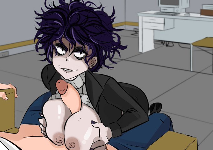 1boy artist_request black_hair faceless_male female goth huge_breasts office original paizuri penis psycho short_hair