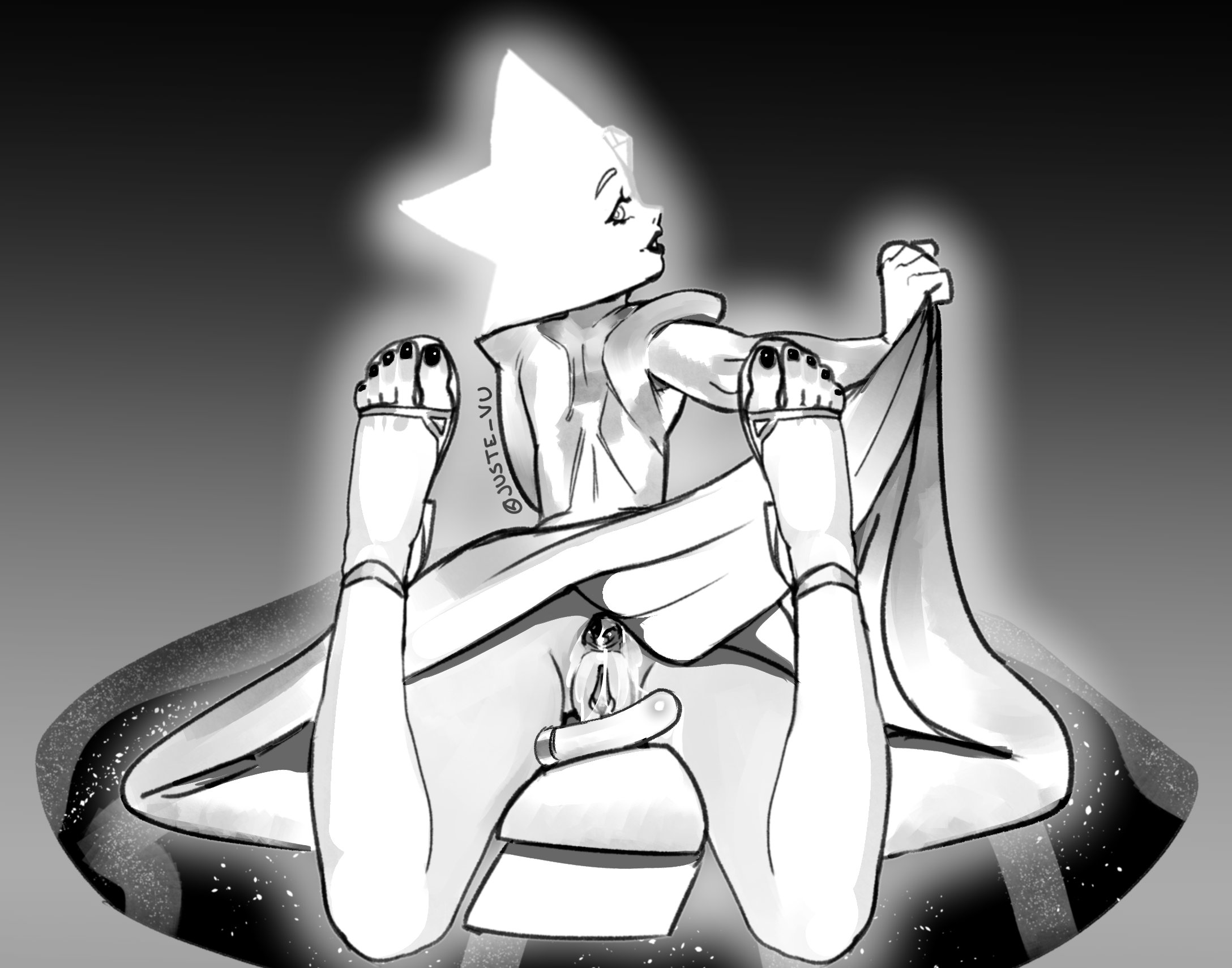 1girls, after anal, after masturbation, anus, daijouvu, dildo, female, female only, from behind, gaping, gaping anus, glowing, looking at viewer, lying on stomach, monochrome, no panties, presenting, presenting anus, presenting hindquarters, presenting pussy, pussy, skirt lift, solo, solo female, steven universe, white diamond (steven universe)