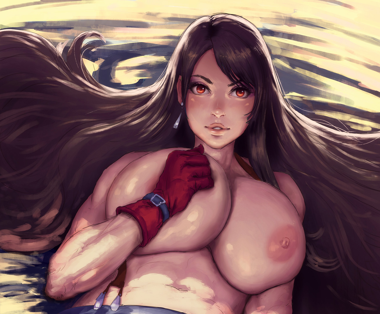 abs, alternate breast size, areolae, bare arms, bare breasts, bare shoulders, bed, bedroom, big breasts, blush, breasts, brown eyes, brown hair, busty, earrings, female, female focus, female only, final fantasy, final fantasy vii, gloves, huge breasts, kupocun, large breasts, lipstick, long hair, lying, lying on back, muscular, muscular female, naughty face, navel, nipples, pinup, pose, posing, seductive, skirt, solo, suspender skirt, suspenders, tagme, tifa lockhart
