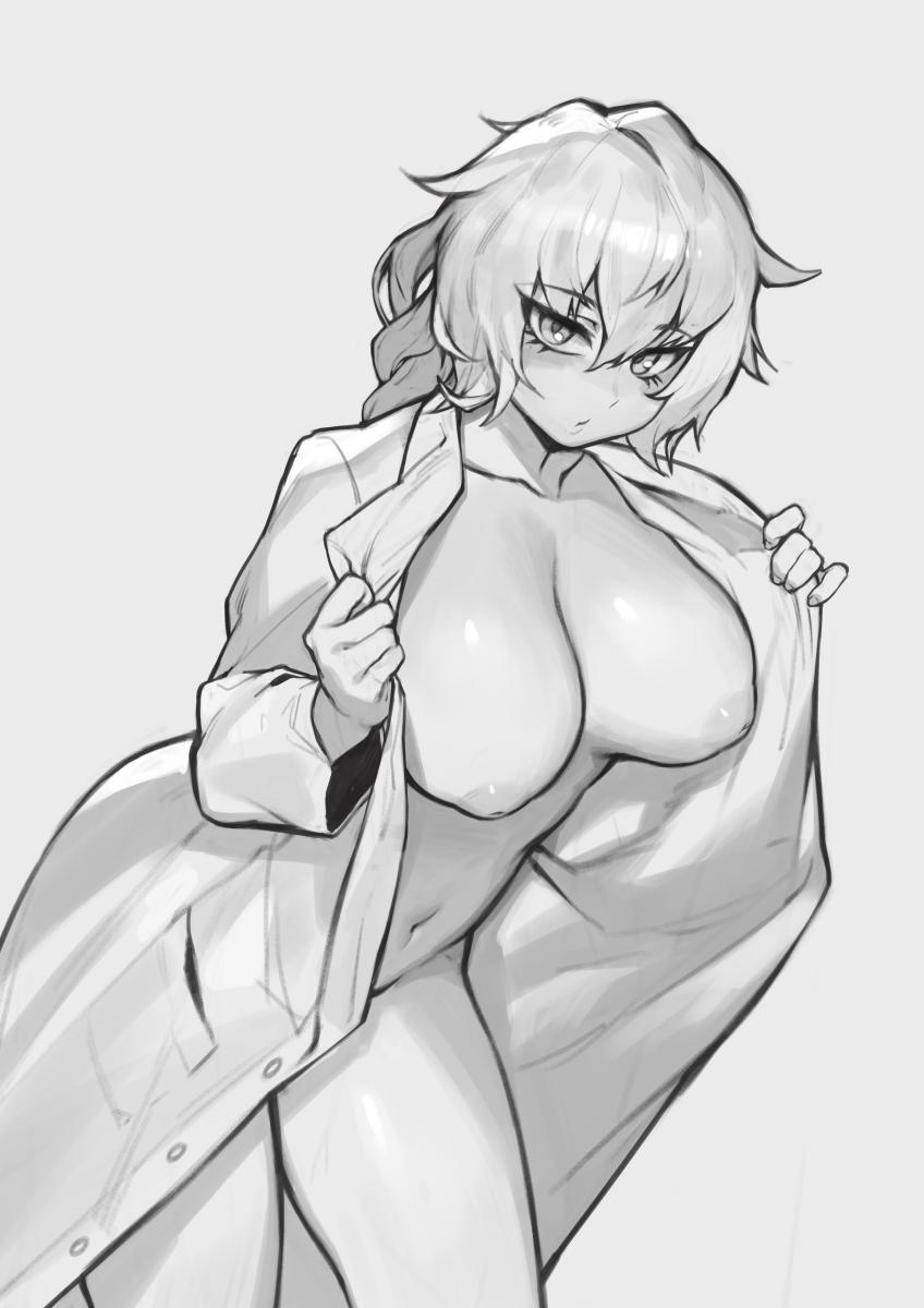 breasts cinko female functionally_nude inverted_nipples labcoat large_breasts looking_at_viewer monochrome nipples open_clothes presenting_breasts rkgk solo standing