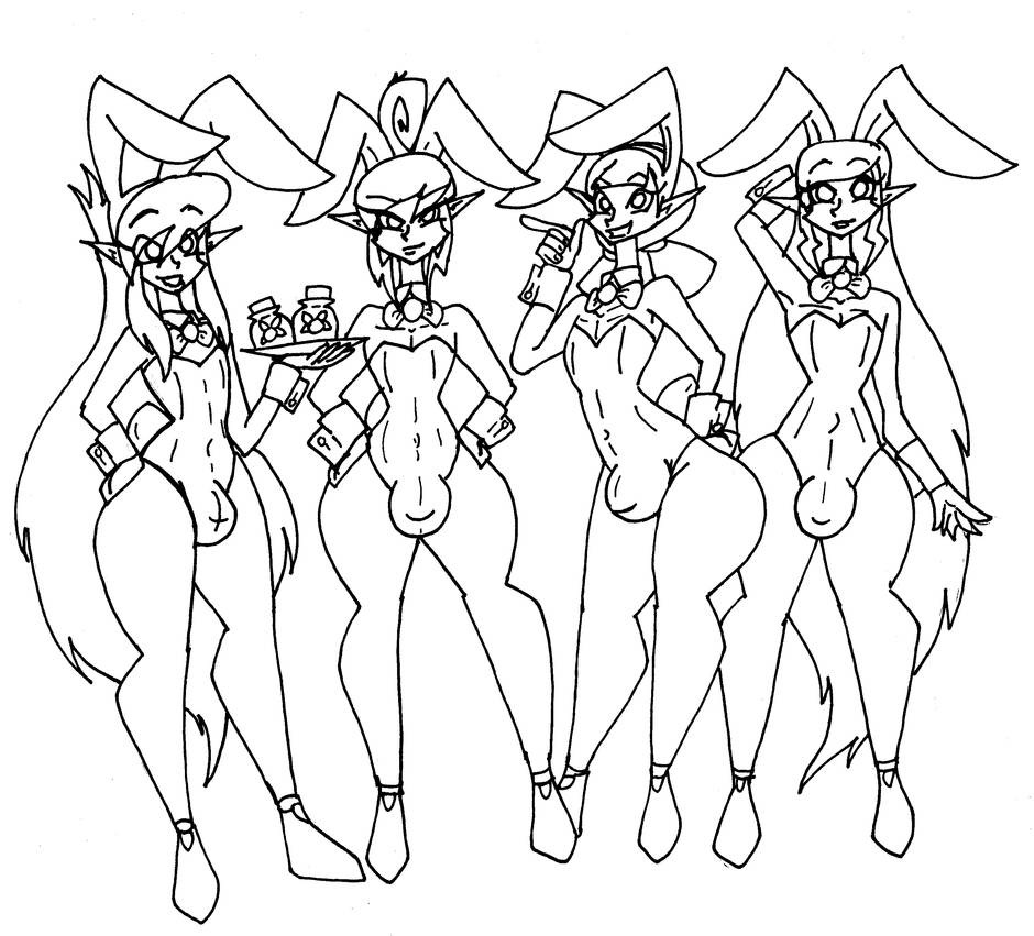 4boys androgynous aryll black_and_white bulge bunny_ears bunny_girl bunnysuit bunnysuit_bulge da-fuze femboy girly link looking_at_viewer male male_only monochrome multiple_boys princess_zelda rule_63 smile tetra the_legend_of_zelda the_wind_waker thick_thighs toon_zelda trap waitress wind_waker