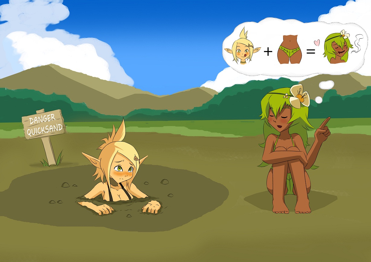 2girls, a-020, amalia, barefoot, bikini, blonde hair, breasts, clothing, dark skin, dark-skinned female, evangelyne, female, female only, green eyes, green hair, imminent death, leaf, leaf bikini, light skin, medium breasts, mud, multiple females, multiple girls, open mouth, peril, quicksand, sign, sinking, sitting, sling bikini, swimsuit, thought bubble, wakfu