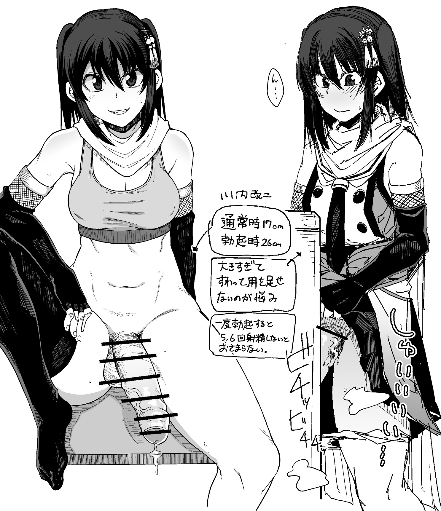 1futa, big penis, bottomless, censor bar, dress, foreskin, futa only, futanari, intersex, japanese text, kauti, monochrome, multiple views, penis, smile, solo, sports bra, standing, uncircumcised