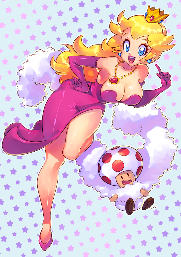 1boy 1girls big_breasts blonde_hair blue_eyes breasts cleavage clothed clothing crown curvaceous curvy detailed_background dress earrings elbow_gloves feather_boa female female_focus full_body gloves high_heels human jewelry large_breasts long_hair looking_at_viewer male mario_(series) necklace nintendo open_mouth pose princess_peach rafchu raised_leg shiny shiny_clothes shiny_hair shiny_skin simple_background smile solo_focus standing standing_on_one_leg super_mario_all-stars thick thighs toad_(mario) video_games wide_hips