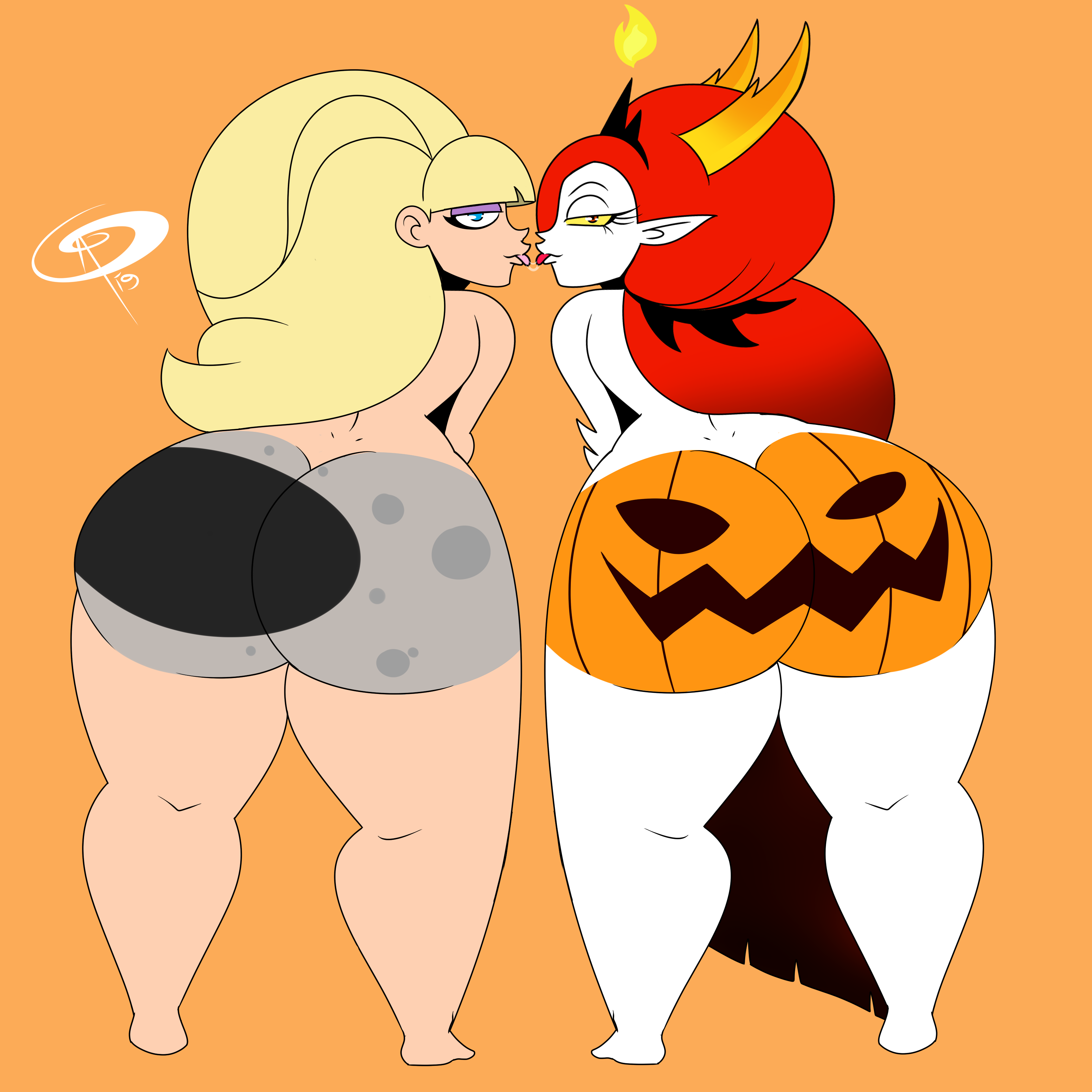 2girls, after kiss, ass, bent forward, big ass, blonde, blonde hair, bodypaint, commission, crossover, dark side of the moon, disney, disney channel, feet, female, frostbiteboi, gravity falls, half-closed eyes, halloween, hekapoo, huge ass, jack-o'-lantern, kiss, kissing, looking at viewer, moon, multiple females, multiple girls, nude, pacifica northwest, painted, painted ass, patreon reward, pumpkin butt, red hair, saliva, saliva trail, star vs the forces of evil, straight hair, thick thighs, thighs, tongue, tongue out, wide hips, yuri